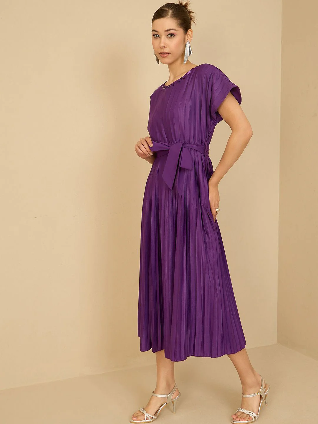 Antheaa Women Pleated Fit & Flare Midi Dress With Belt - Image 3