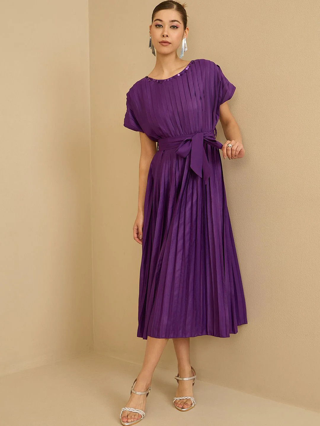 Antheaa Women Pleated Fit & Flare Midi Dress With Belt - Image 4