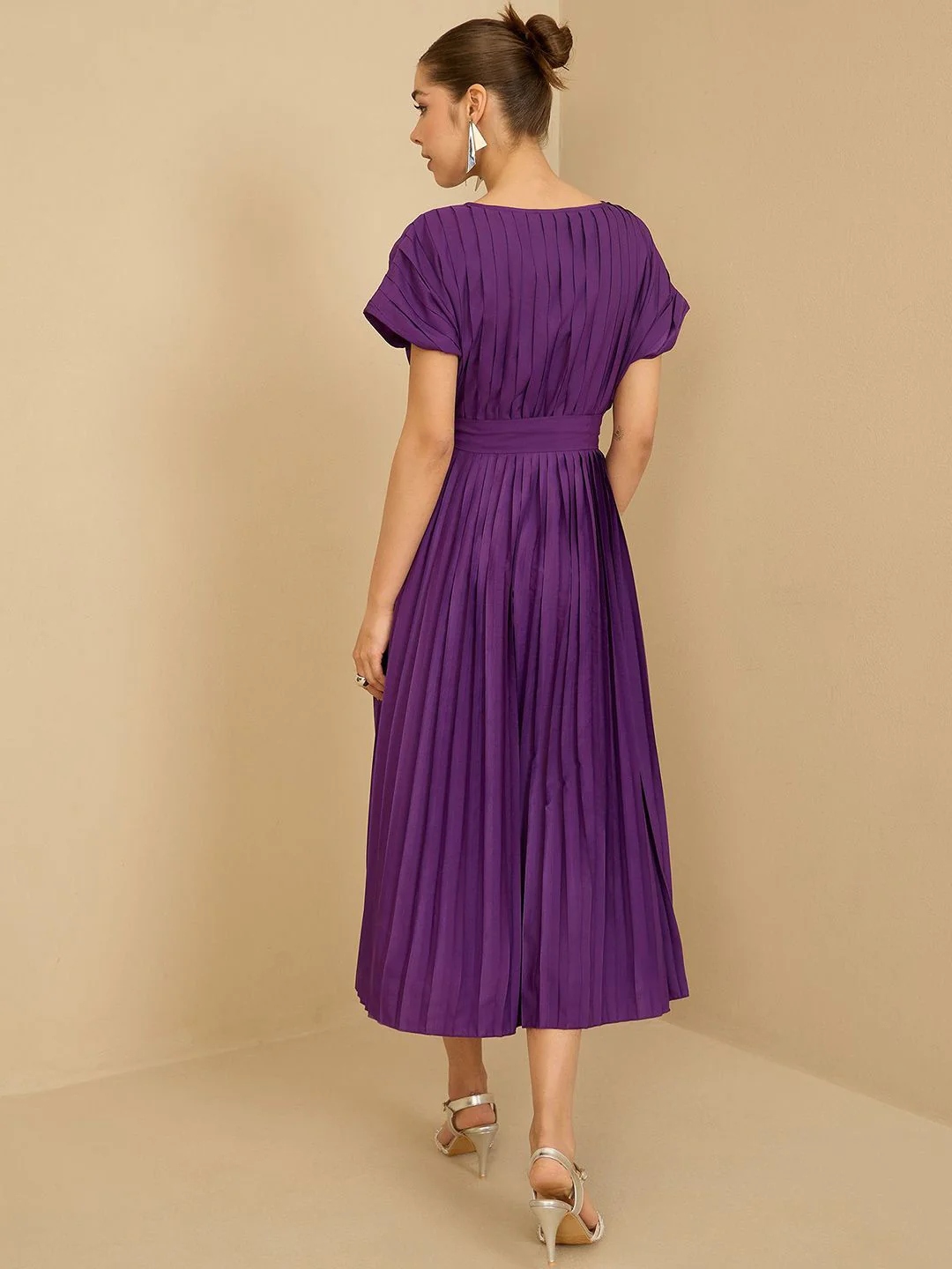 Antheaa Women Pleated Fit & Flare Midi Dress With Belt - Image 5