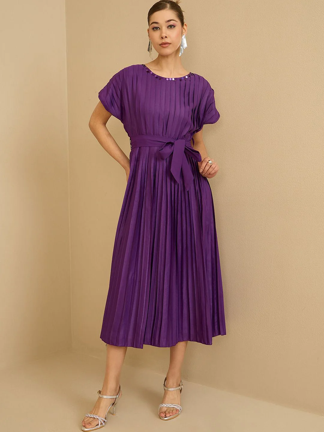 Antheaa Women Pleated Fit & Flare Midi Dress With Belt - Image 6