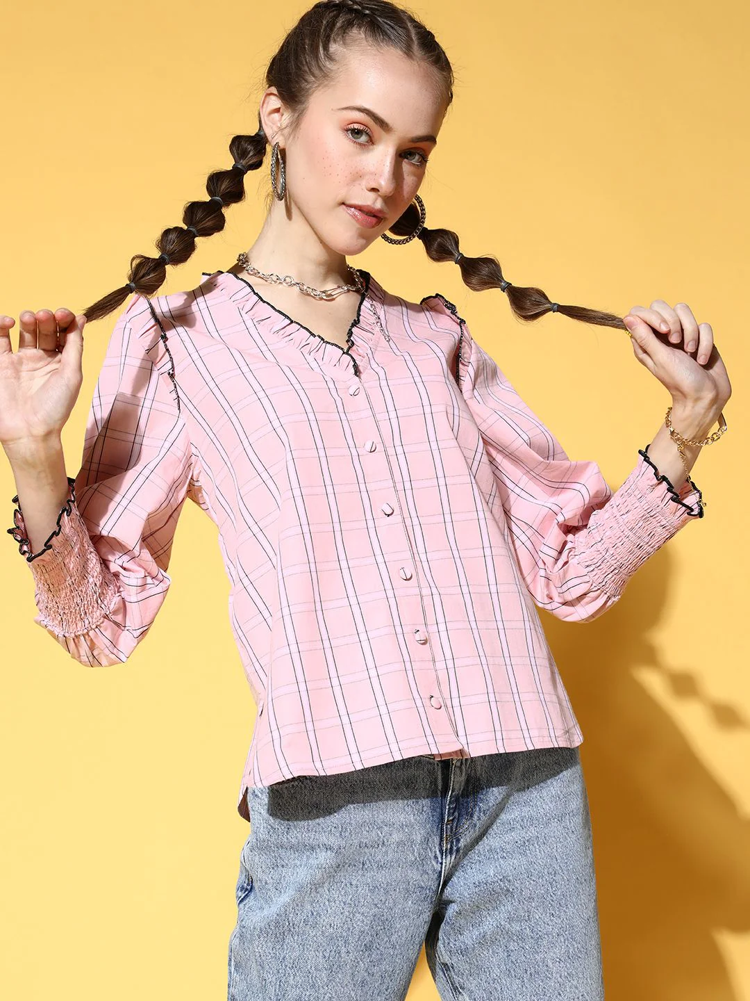 Antheaa Women Pure Cotton Pretty Pink Checked Summer Gingham Top - Image 2