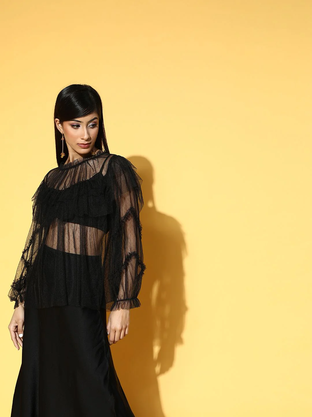 Antheaa Women Stylish Black Solid Sheer Top - Image 3