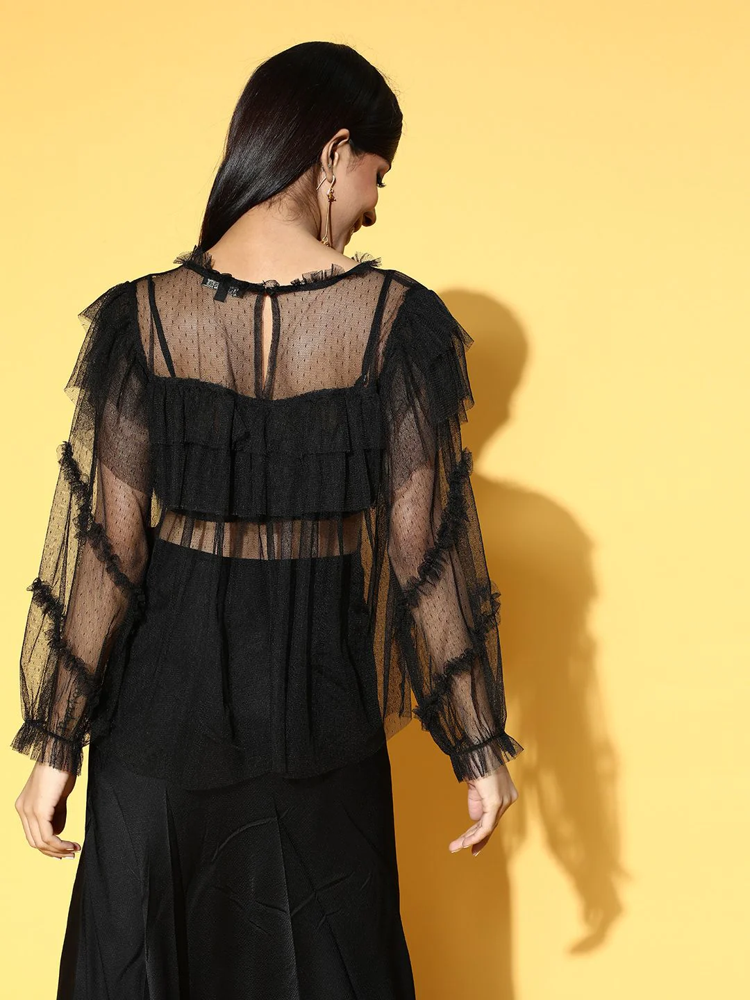 Antheaa Women Stylish Black Solid Sheer Top - Image 5
