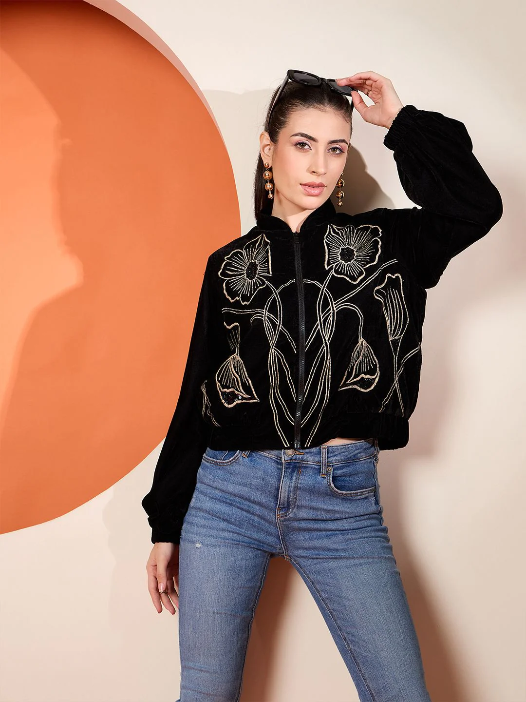 Antheaa Women Velvet Embroidered Bomber Jacket - Image 7