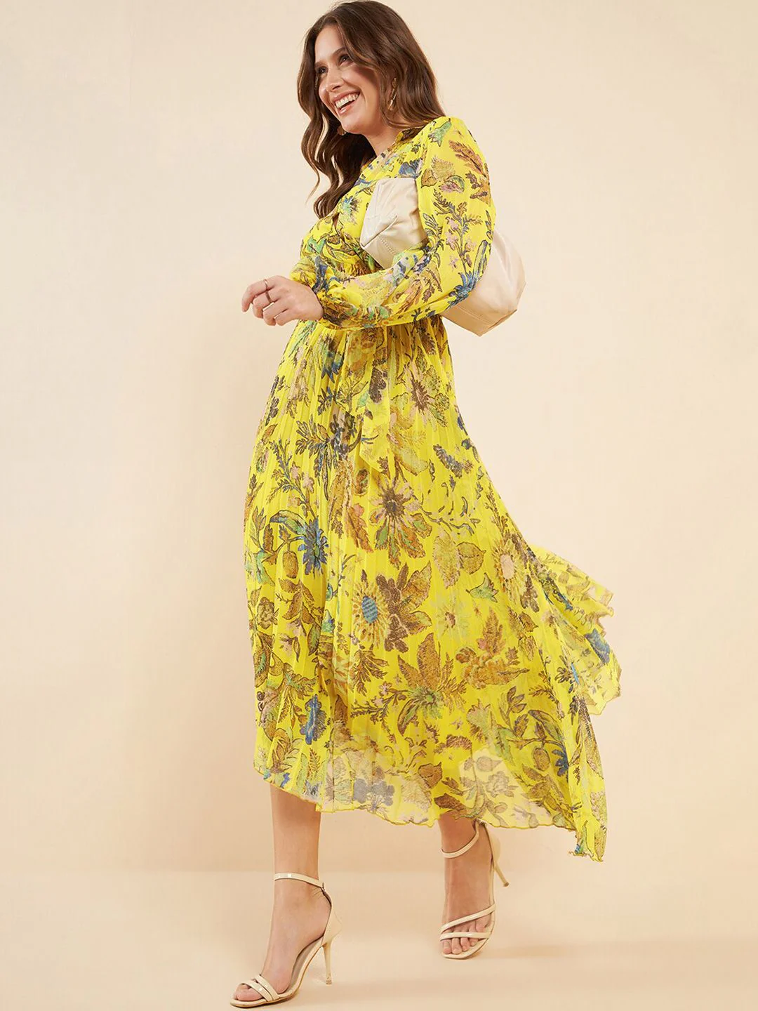 Antheaa Yellow Printed Pleated Puff Sleeves Belted Chiffon Fit & Flare Midi Dress - Image 3