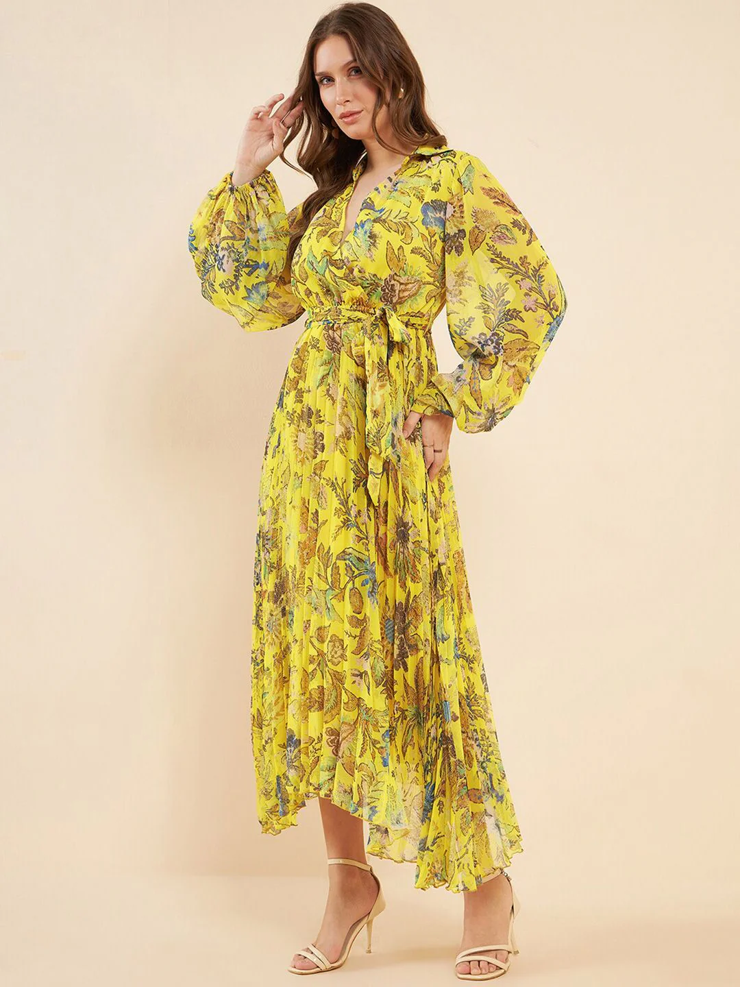 Antheaa Yellow Printed Pleated Puff Sleeves Belted Chiffon Fit & Flare Midi Dress - Image 4