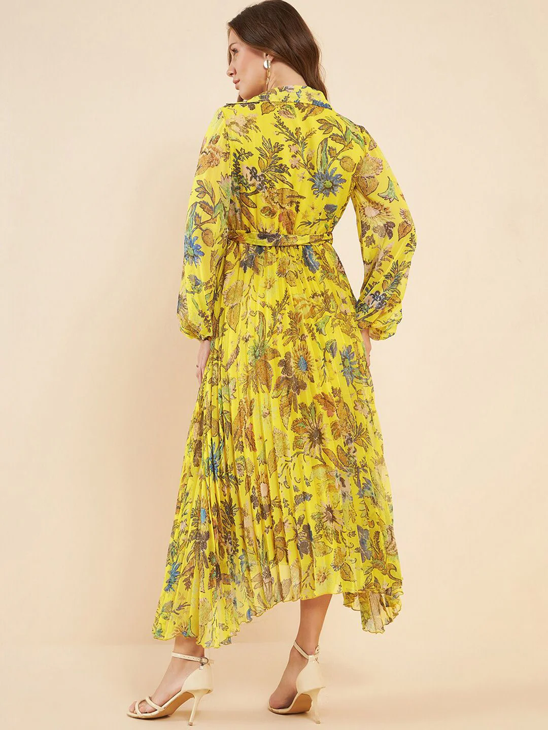 Antheaa Yellow Printed Pleated Puff Sleeves Belted Chiffon Fit & Flare Midi Dress - Image 5