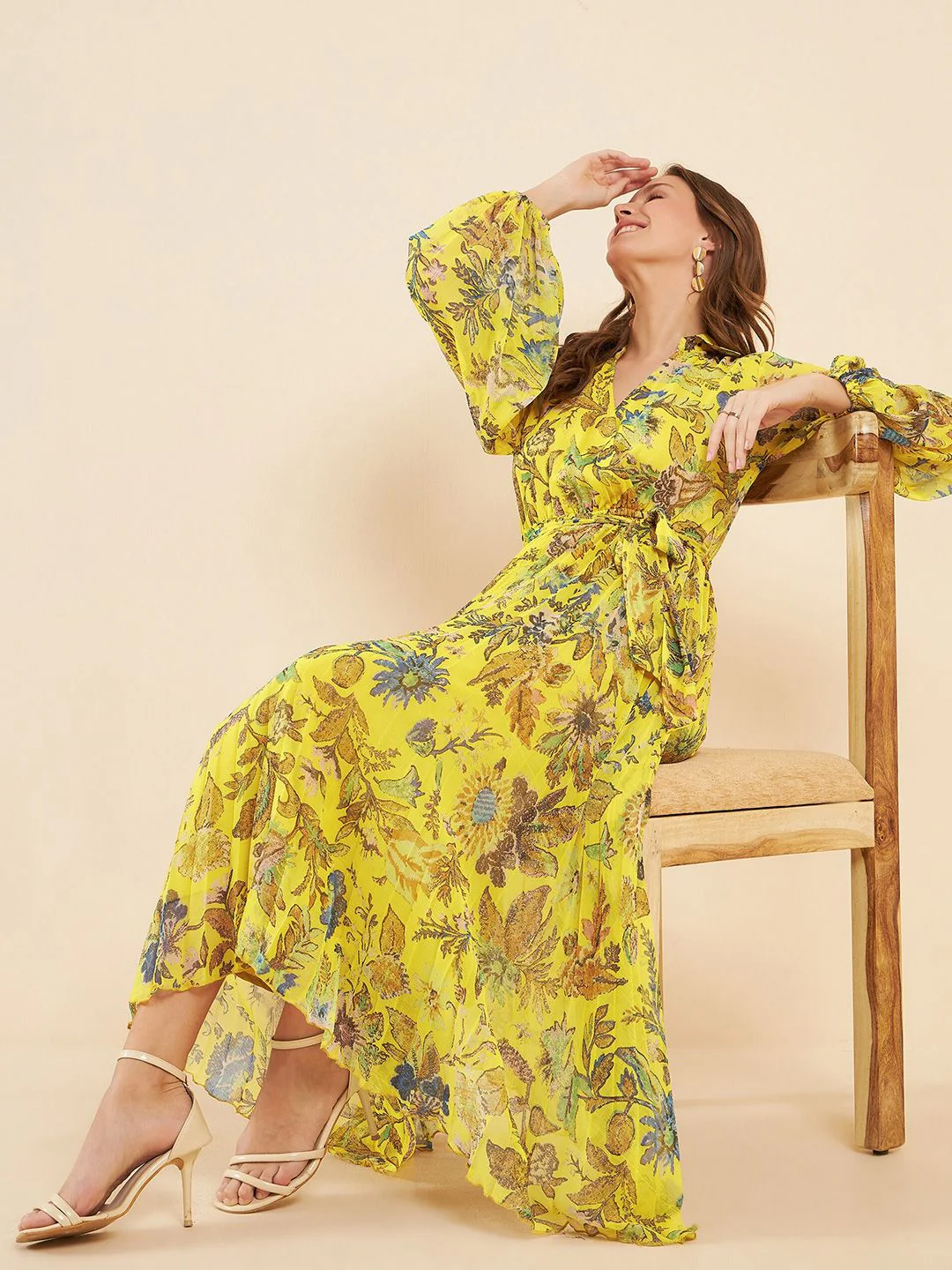 Antheaa Yellow Printed Pleated Puff Sleeves Belted Chiffon Fit & Flare Midi Dress - Image 6