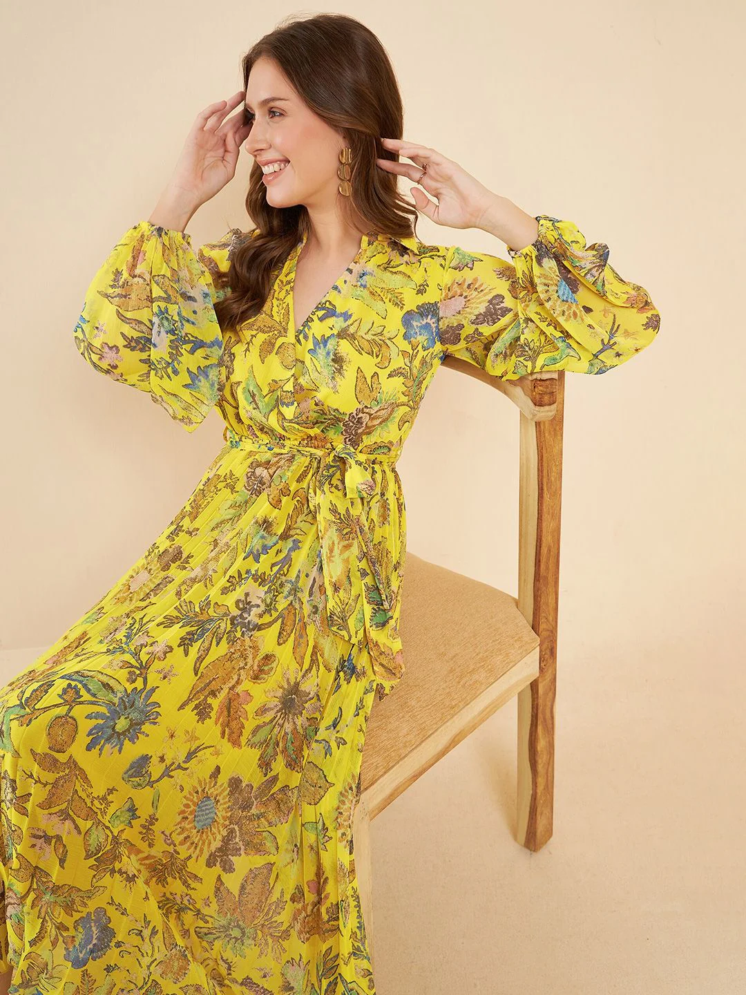 Antheaa Yellow Printed Pleated Puff Sleeves Belted Chiffon Fit & Flare Midi Dress - Image 7