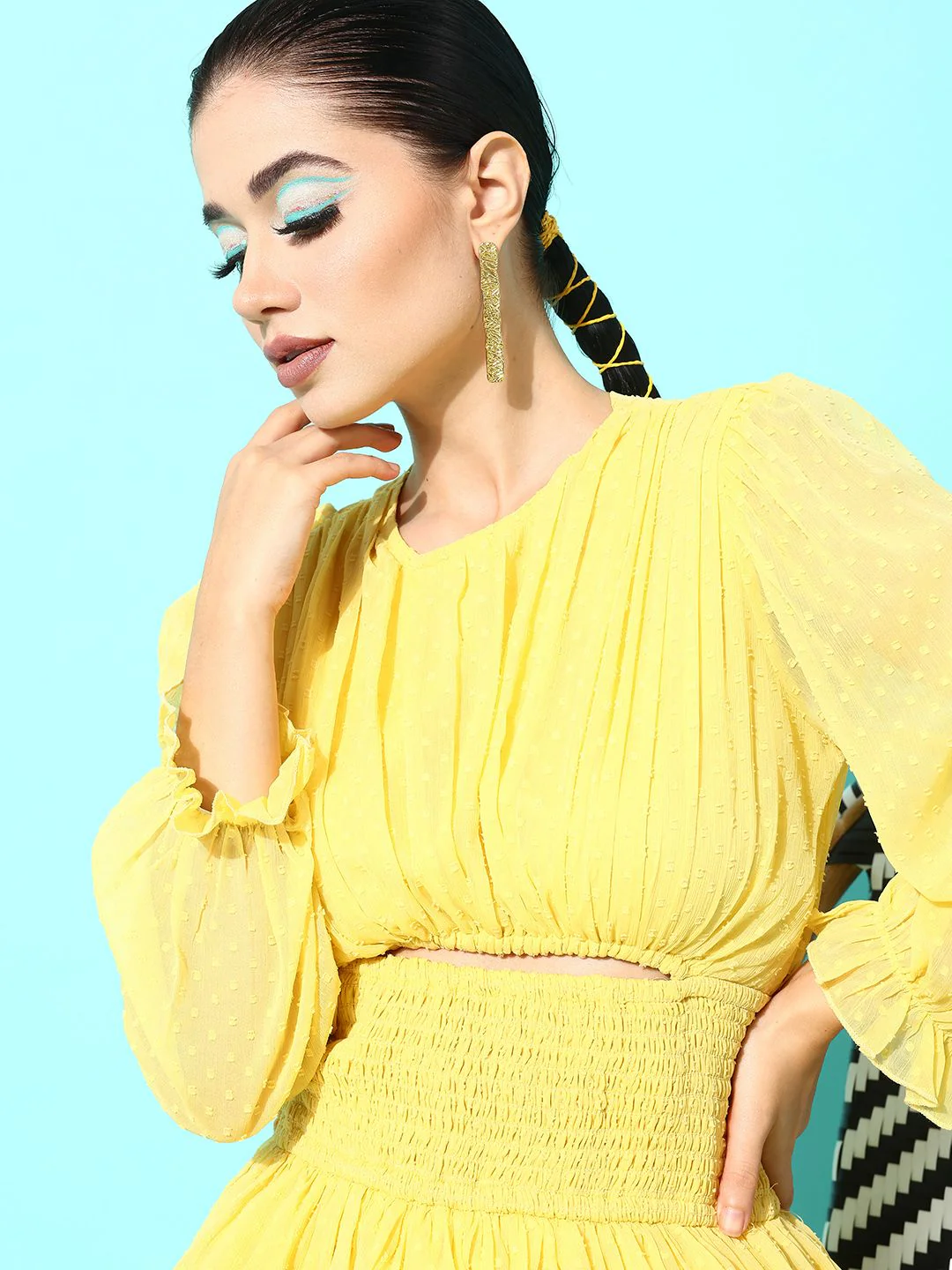 Antheaa Yellow Puff Sleeves Smocked Chiffon Fit & Flare Dress With Cut-Out Detail - Image 2
