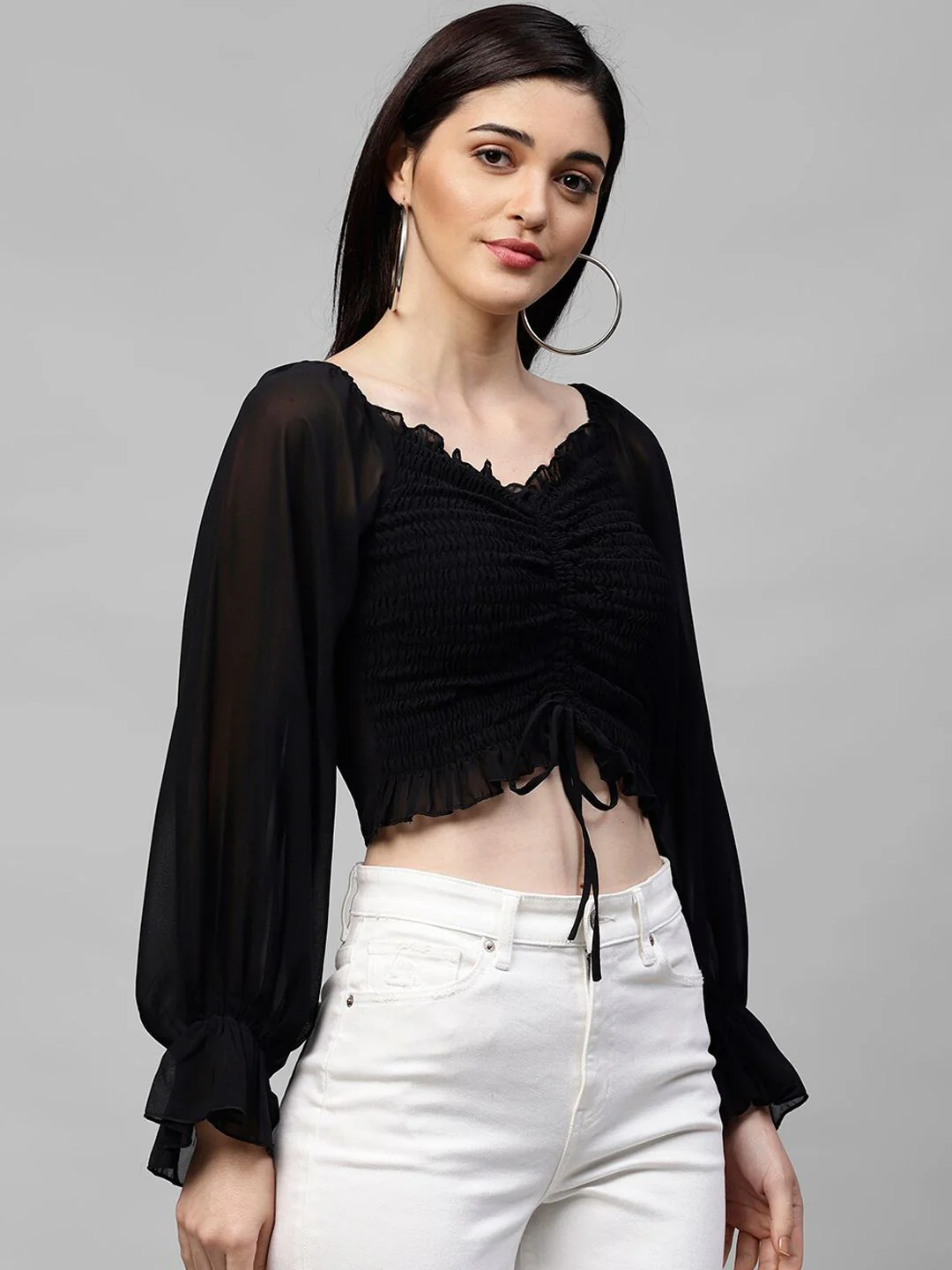 Athena Black Bell Sleeves Georgette Crop Top - Image 4