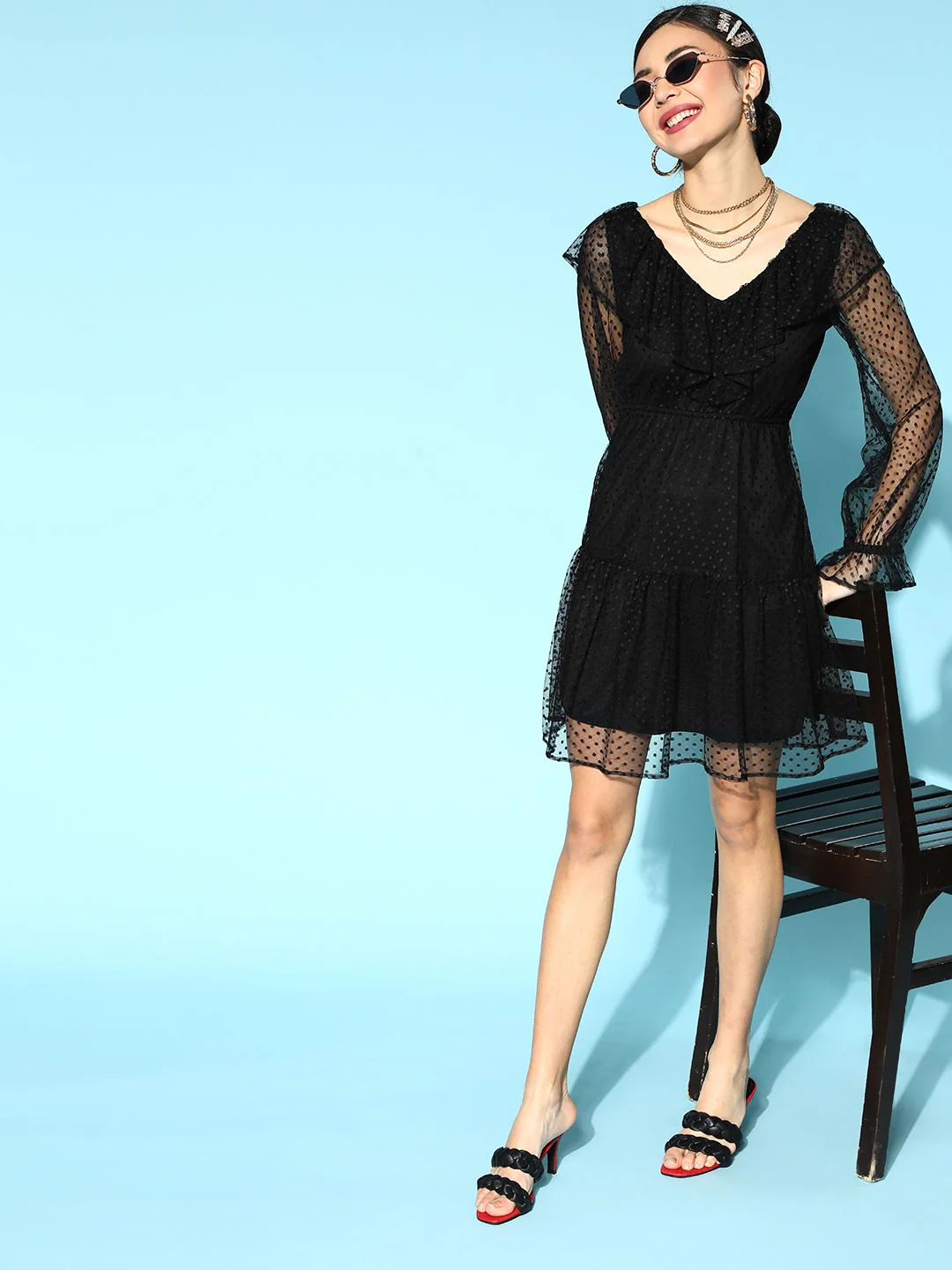 Athena Black Self Design Dobby Net A-Line Dress - Image 2