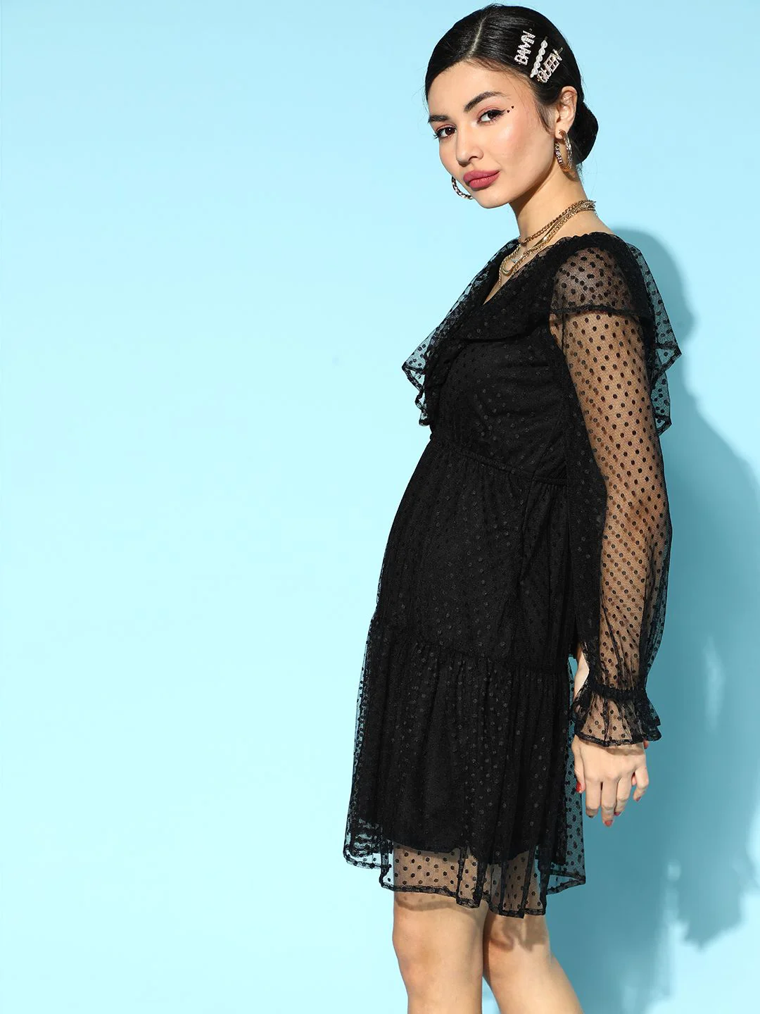 Athena Black Self Design Dobby Net A-Line Dress - Image 3