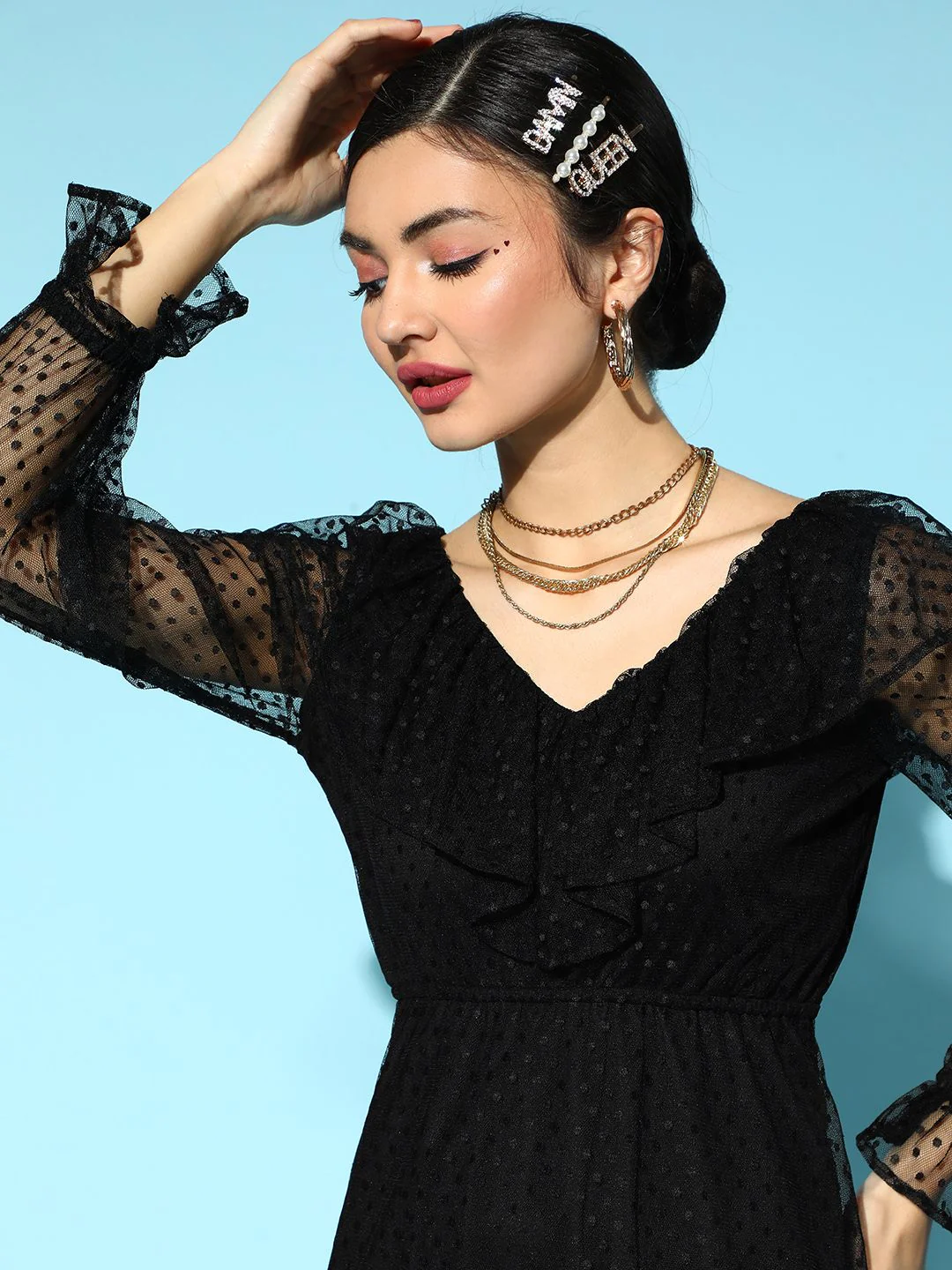 Athena Black Self Design Dobby Net A-Line Dress - Image 4