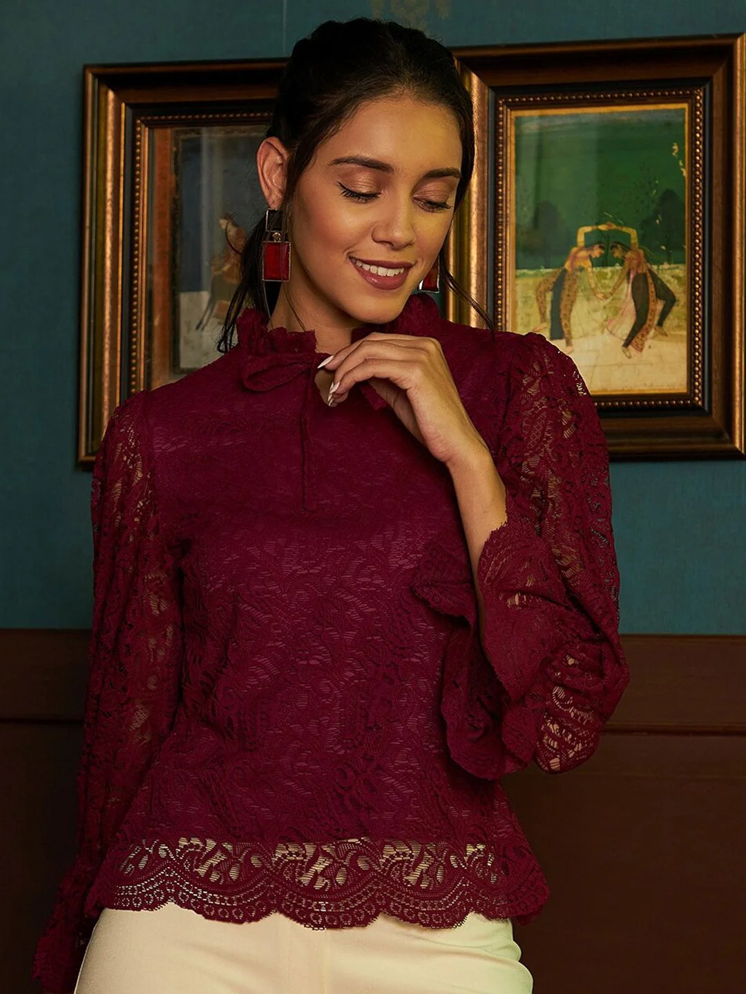 Athena Burgundy Tie-Up Neck Lace Top - Image 3