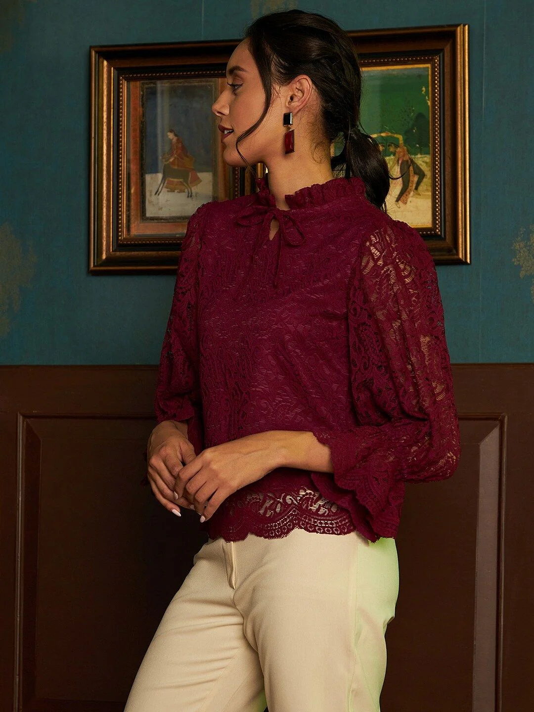 Athena Burgundy Tie-Up Neck Lace Top - Image 5