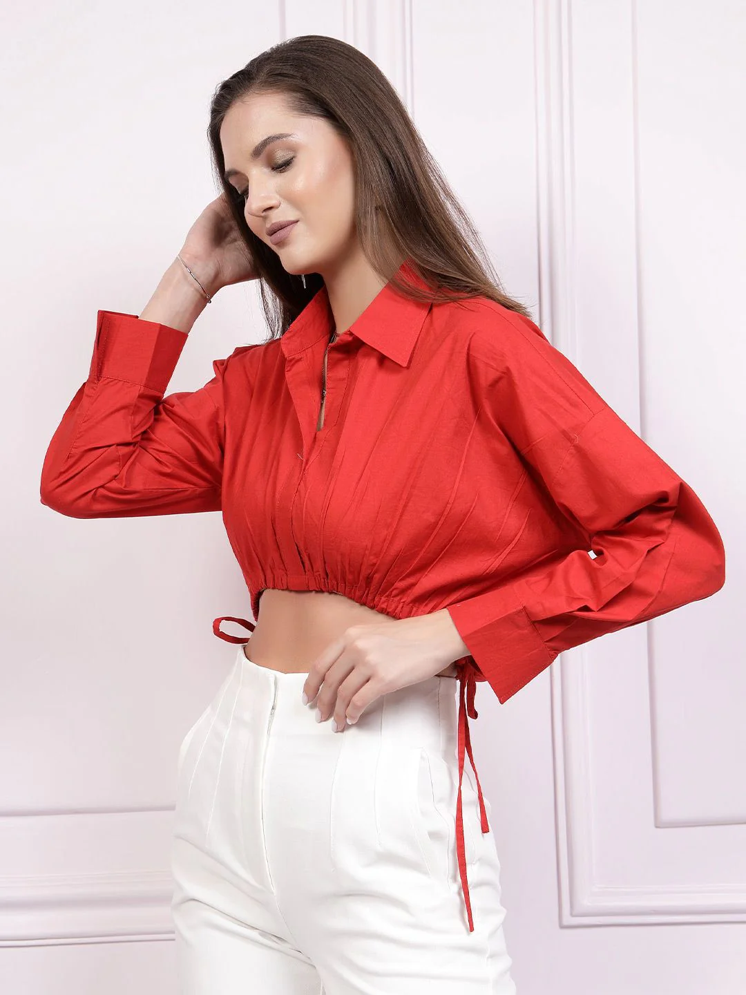 Athena Drop Shoulder Sleeves Cotton Shirt Style Crop Top - Image 5