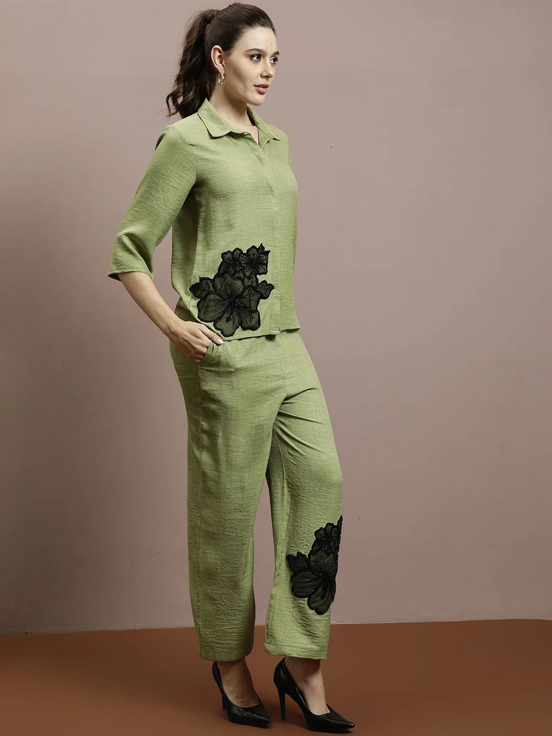 Athena Embellished Linen Shirt With Trousers - Image 3