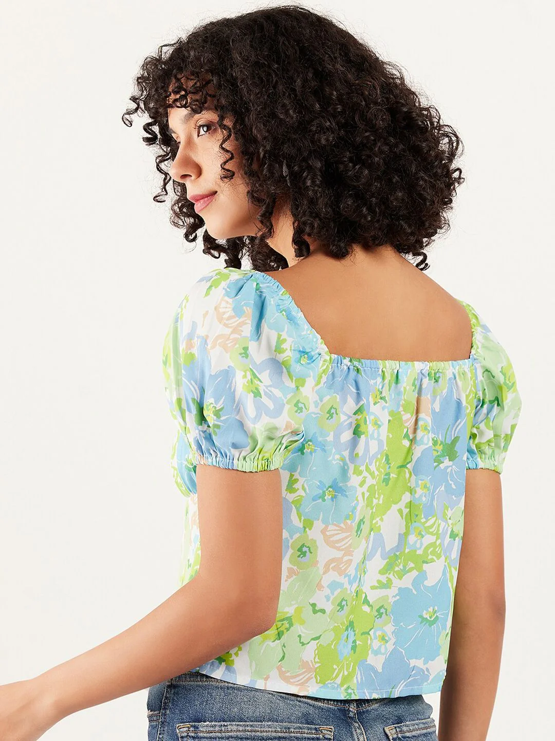 Athena Floral Printed Square Neck Puff Sleeve Tie-Up Regular Crop Top - Image 5