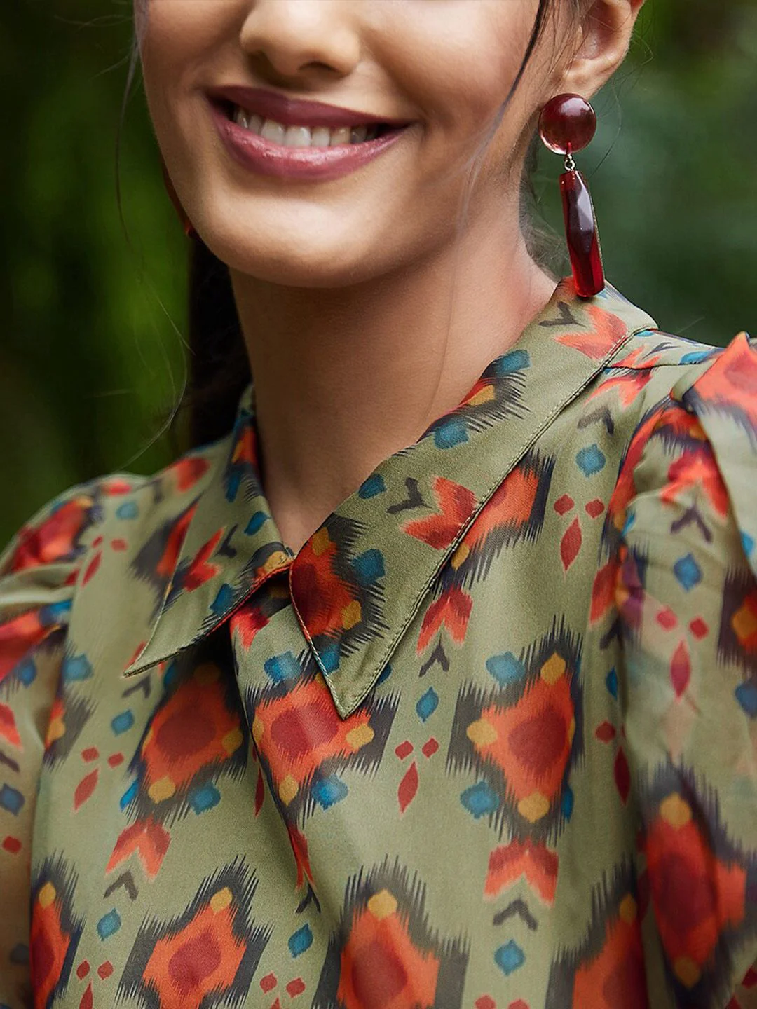 Athena Green & Rust Geometric Print Peplum Top - Image 2