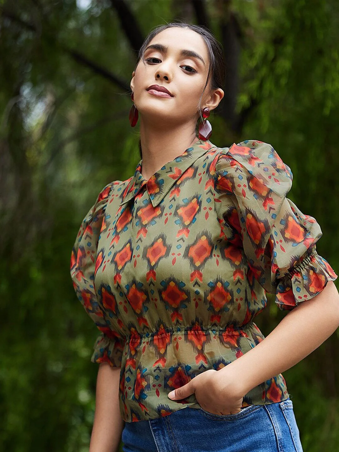Athena Green & Rust Geometric Print Peplum Top - Image 3