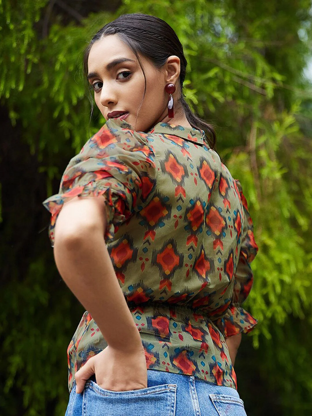 Athena Green & Rust Geometric Print Peplum Top - Image 4