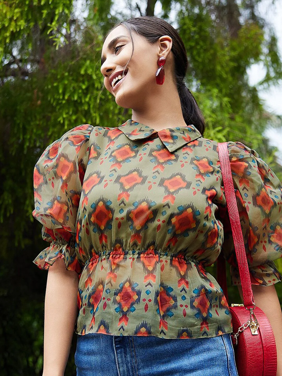 Athena Green & Rust Geometric Print Peplum Top - Image 5