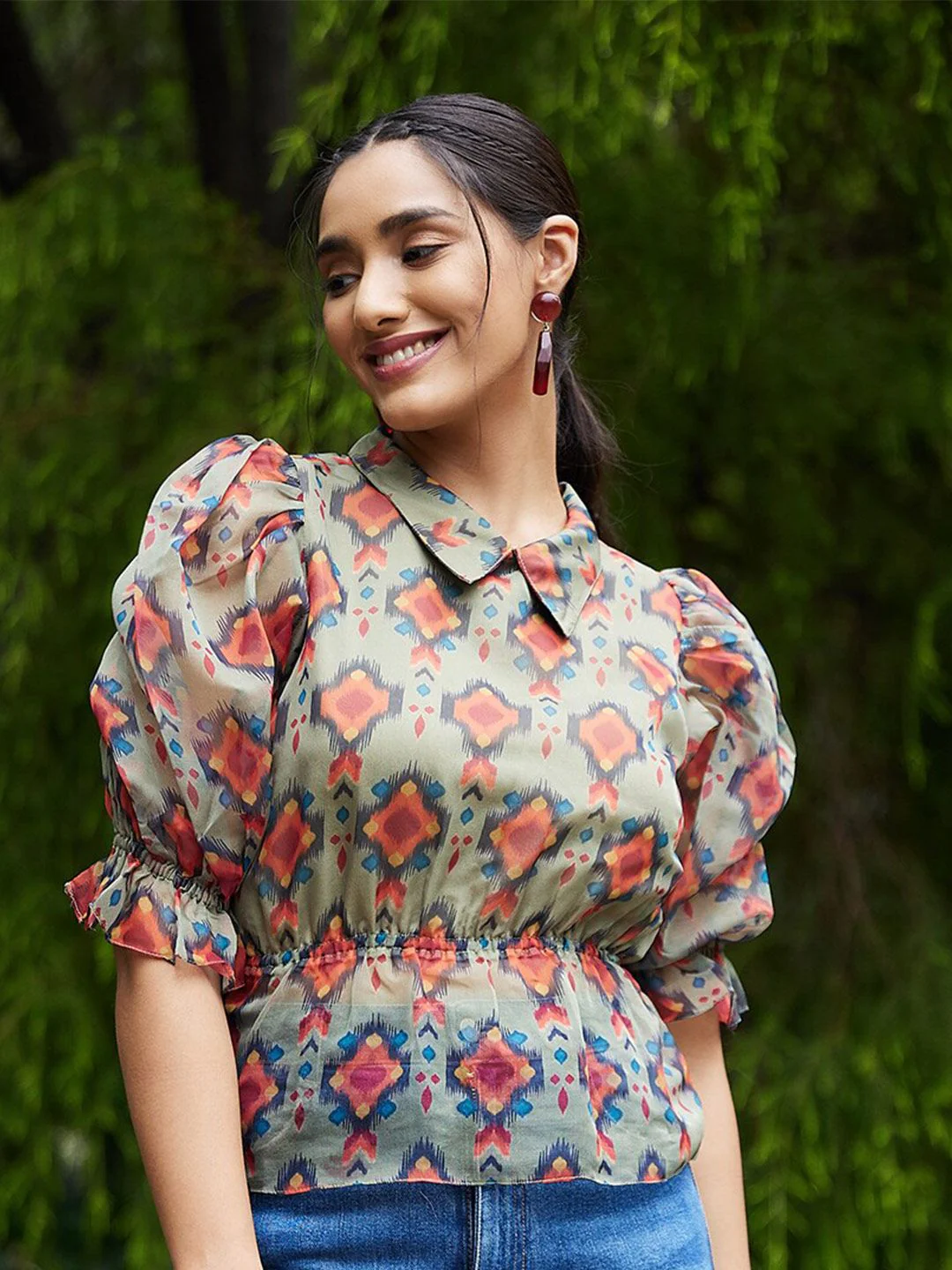 Athena Green & Rust Geometric Print Peplum Top - Image 7