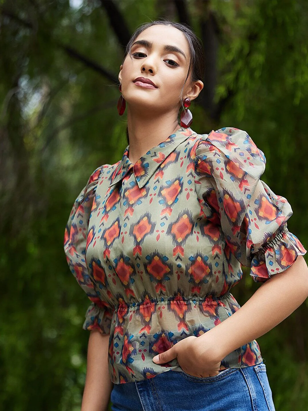 Athena Green & Rust Geometric Print Peplum Top - Image 9