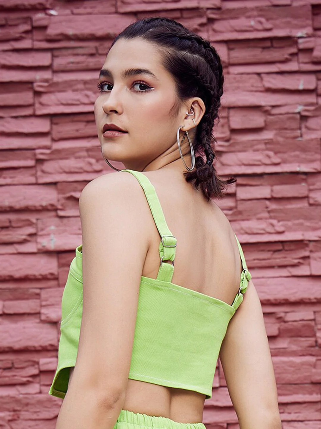 Athena Green Shoulder Straps Cotton Canvas Fitted Crop Top - Image 5