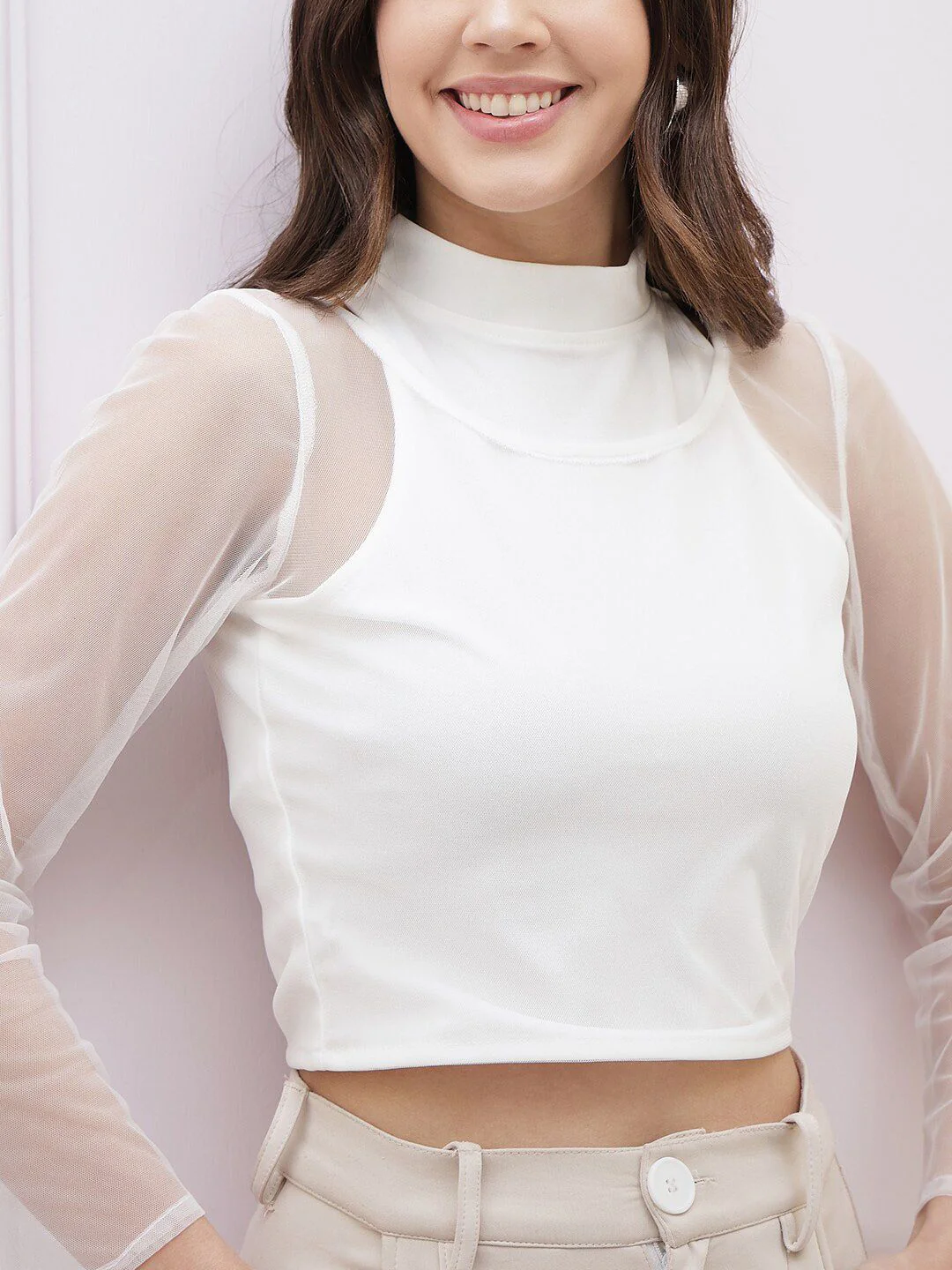 Athena High Neck Scuba Net Crop Top - Image 2
