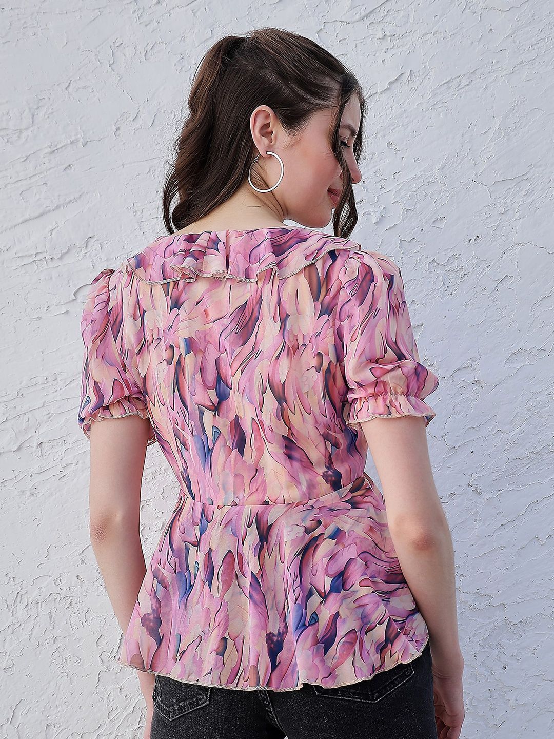 Athena Lavender Floral Printed V-Neck Puff Sleeves Ruffles Detailed Top - Image 5