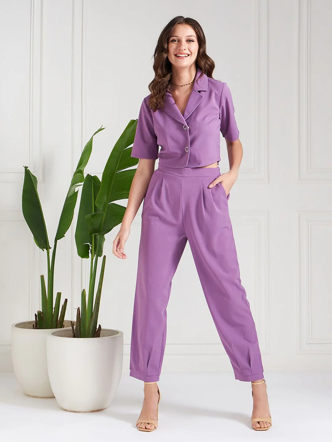 Athena Lavender Lapel Collar Short Sleeves Crop Blazer - Image 6