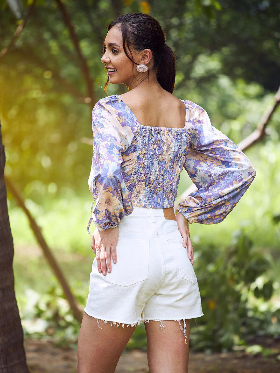 Athena Purple & Yellow Floral Print Crepe Crop Top - Image 5