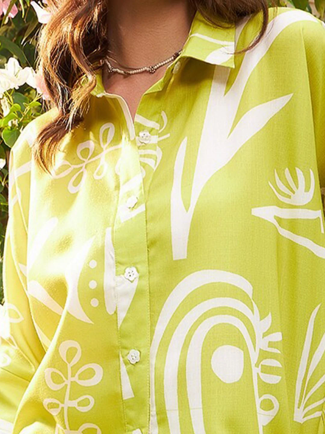 Athena Lime Green Floral Printed Linen Shirt Style Top - Image 2