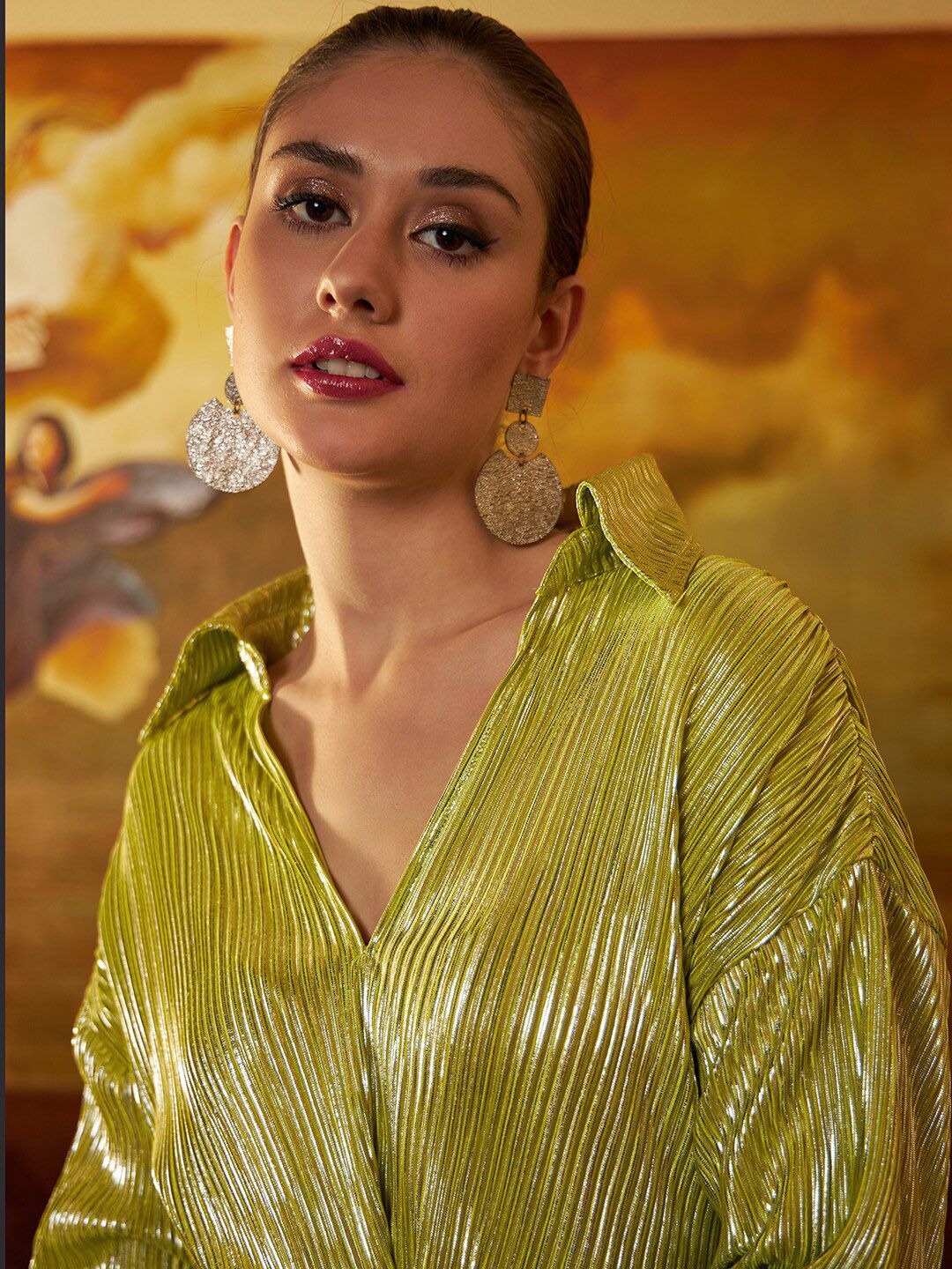 Athena Lime Green Striped Tie-Up Detail Shirt Style Top - Image 2