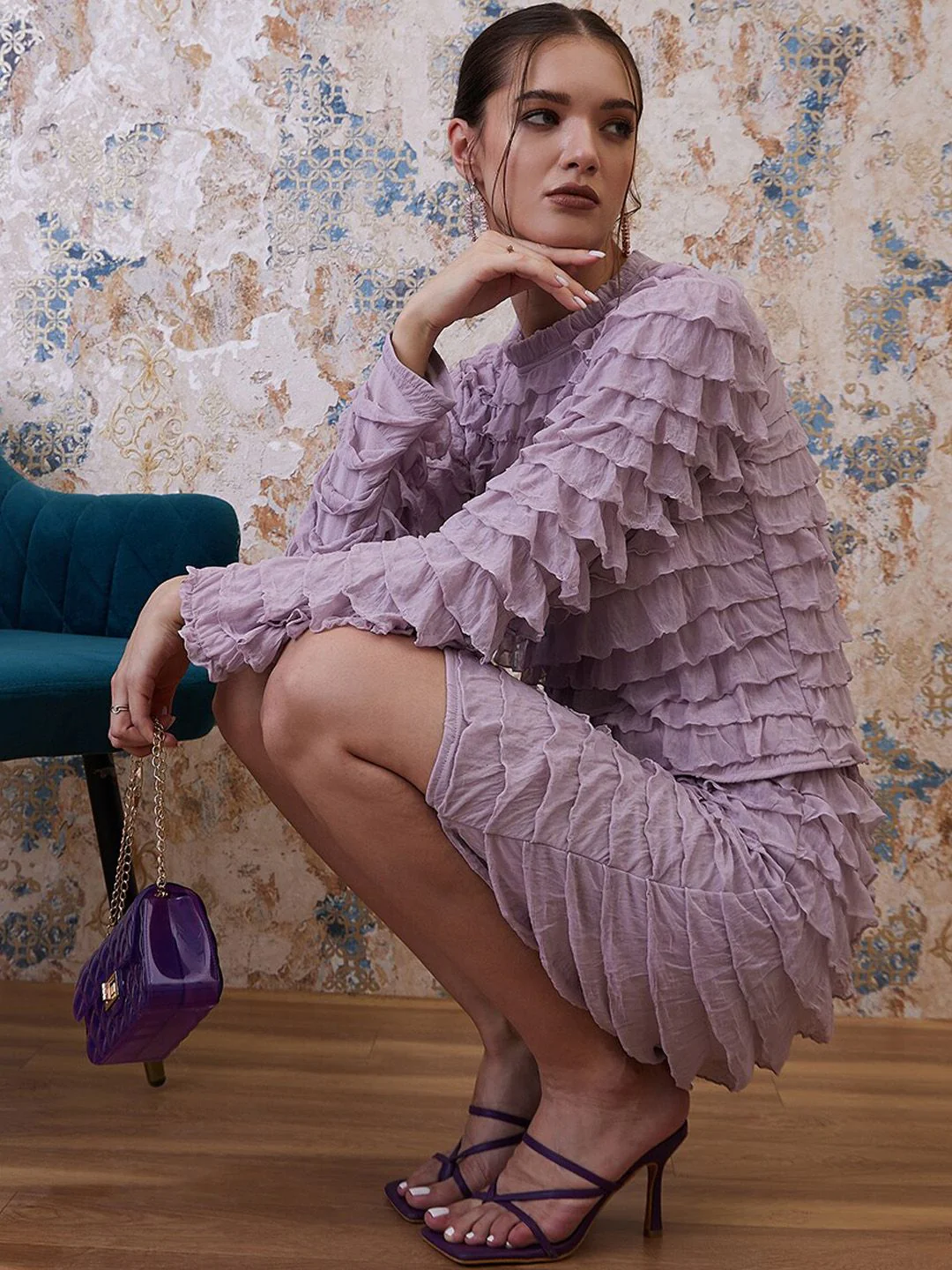 Athena Purple Above Knee Length Ruffled Straight Skirt - Image 14