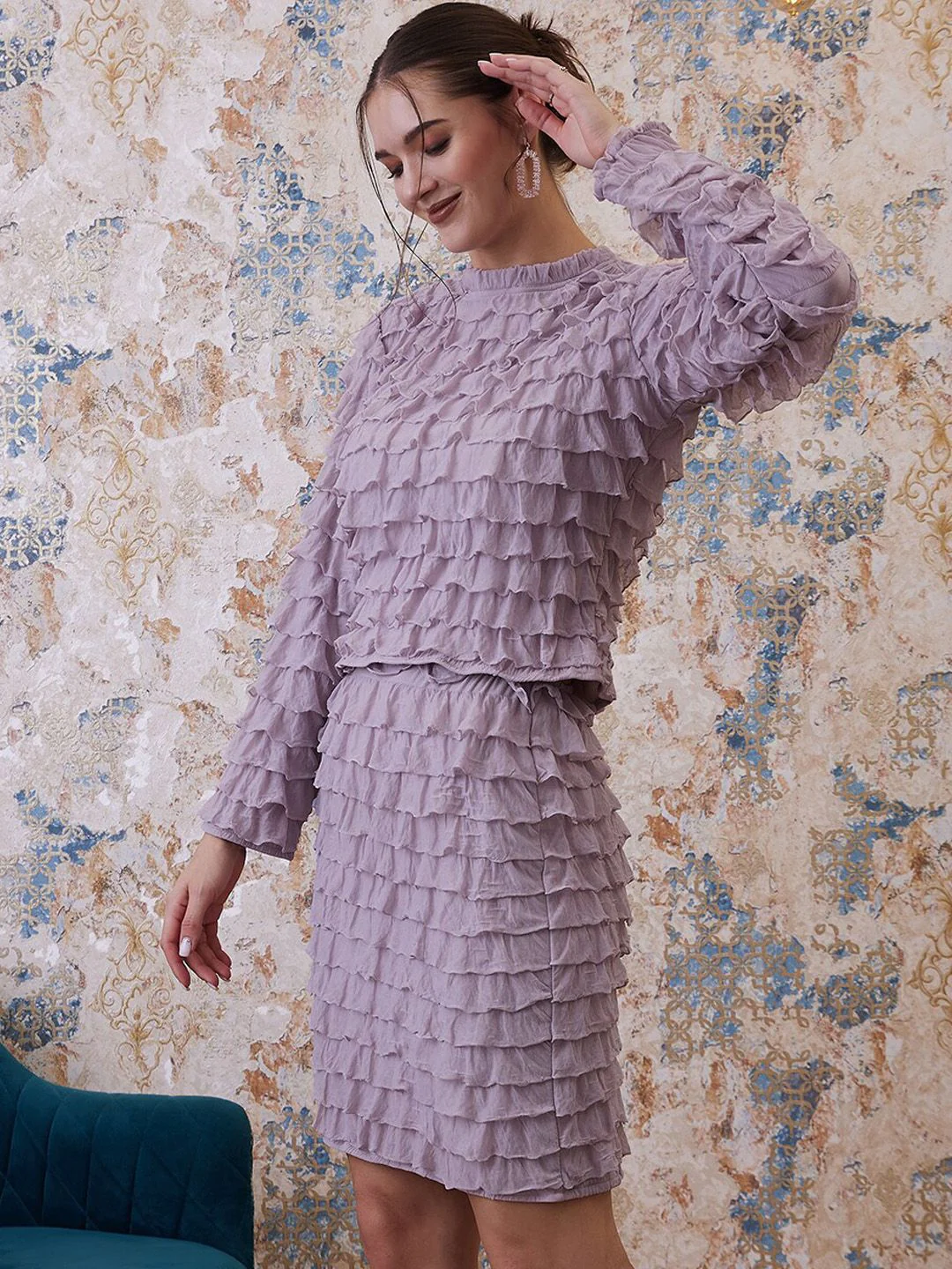 Athena Purple Above Knee Length Ruffled Straight Skirt - Image 4