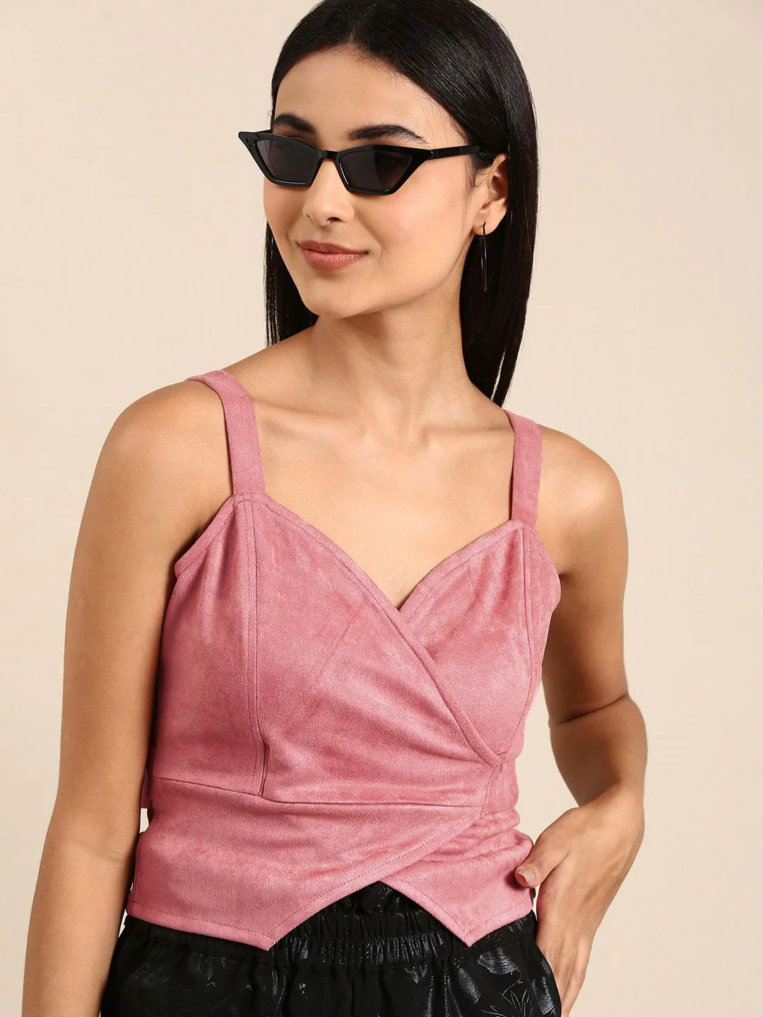 Athena Pink Solid Soulder Straps Wrap Top