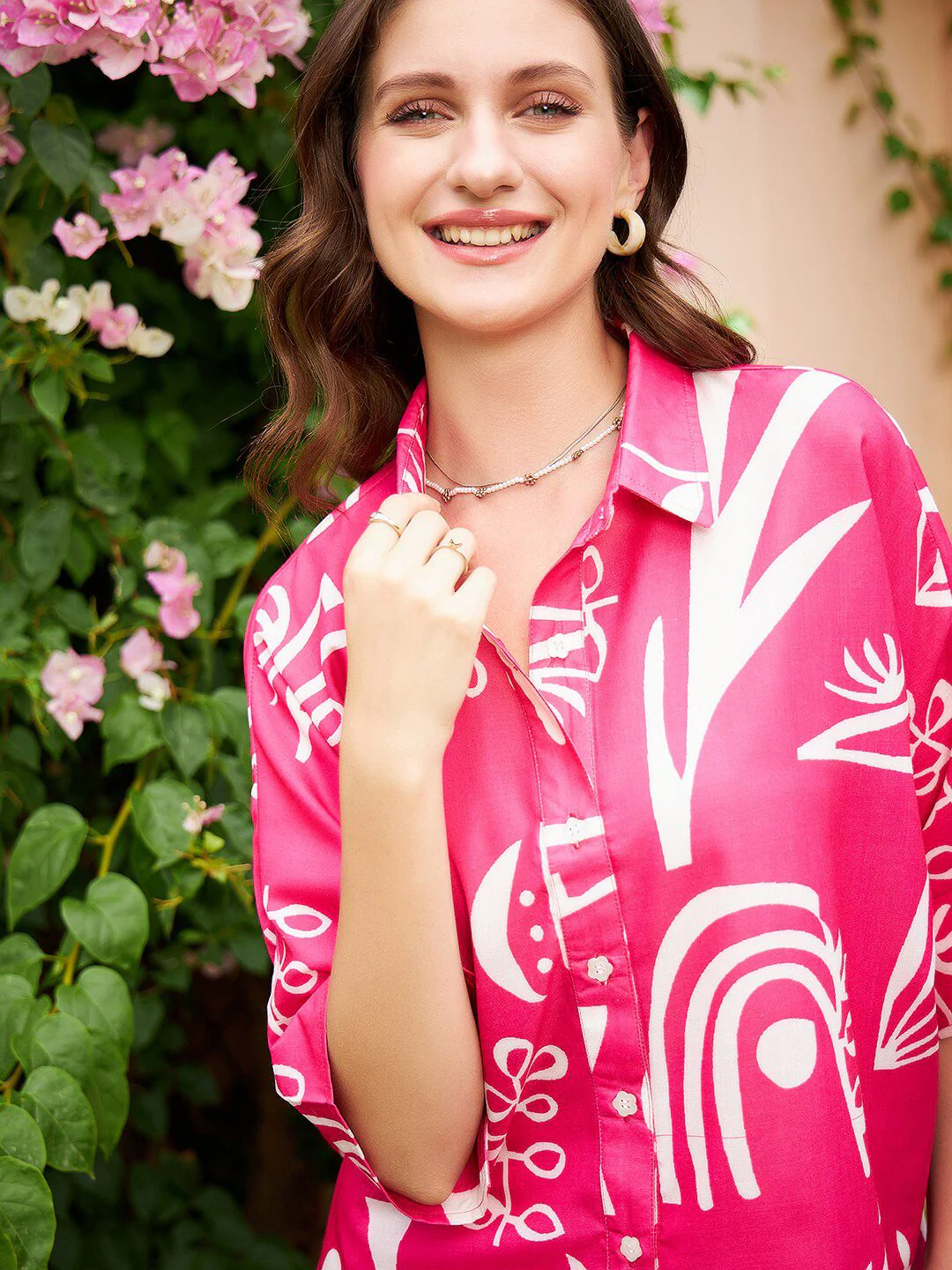 Athena Pink & White Abstract Printed Linen Shirt Style Top - Image 2