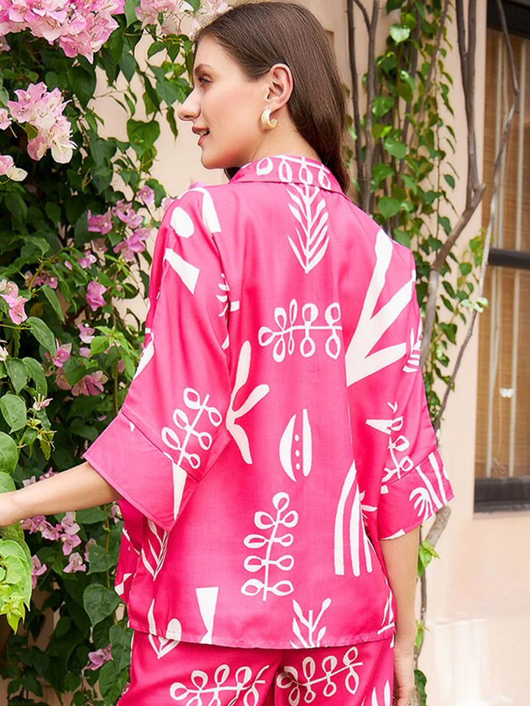 Athena Pink & White Abstract Printed Linen Shirt Style Top - Image 5