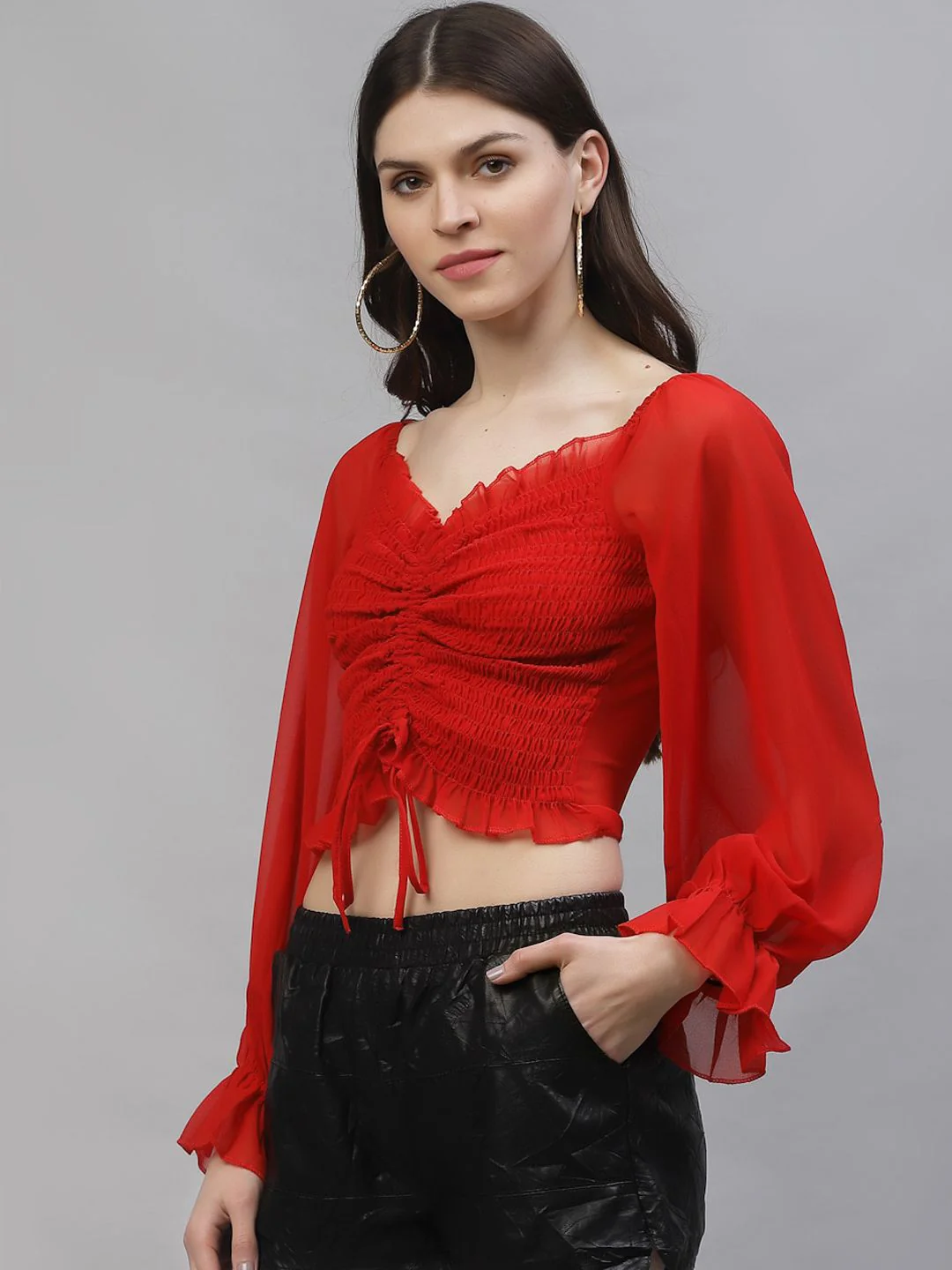 Athena Red Sweetheart Neck Puff Sleeves Georgette Crop Top - Image 3