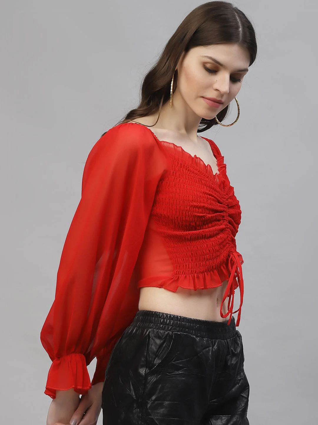 Athena Red Sweetheart Neck Puff Sleeves Georgette Crop Top - Image 4