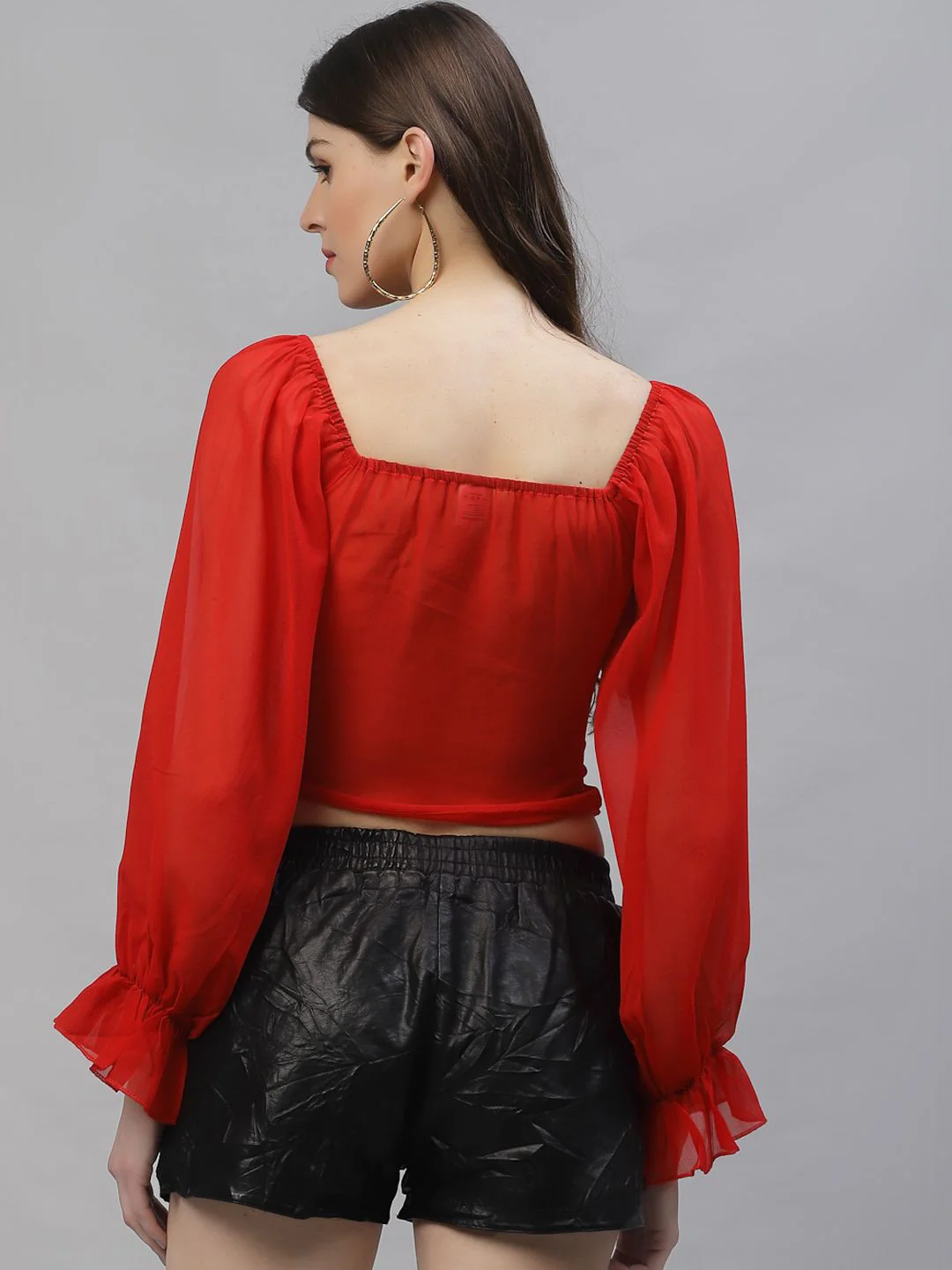 Athena Red Sweetheart Neck Puff Sleeves Georgette Crop Top - Image 5