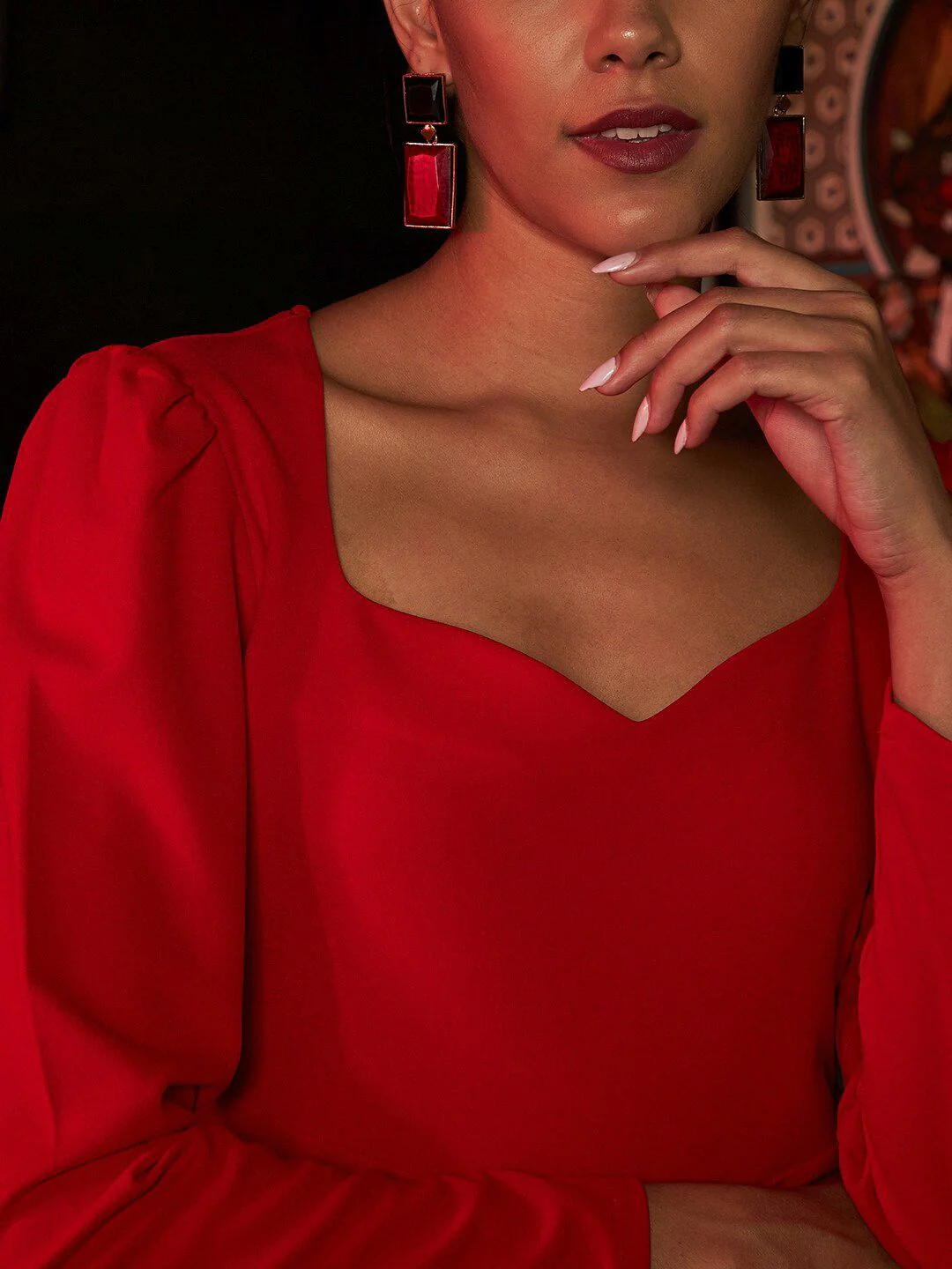 Athena Red Sweetheart Neck Puff Sleeves Regular Top - Image 2