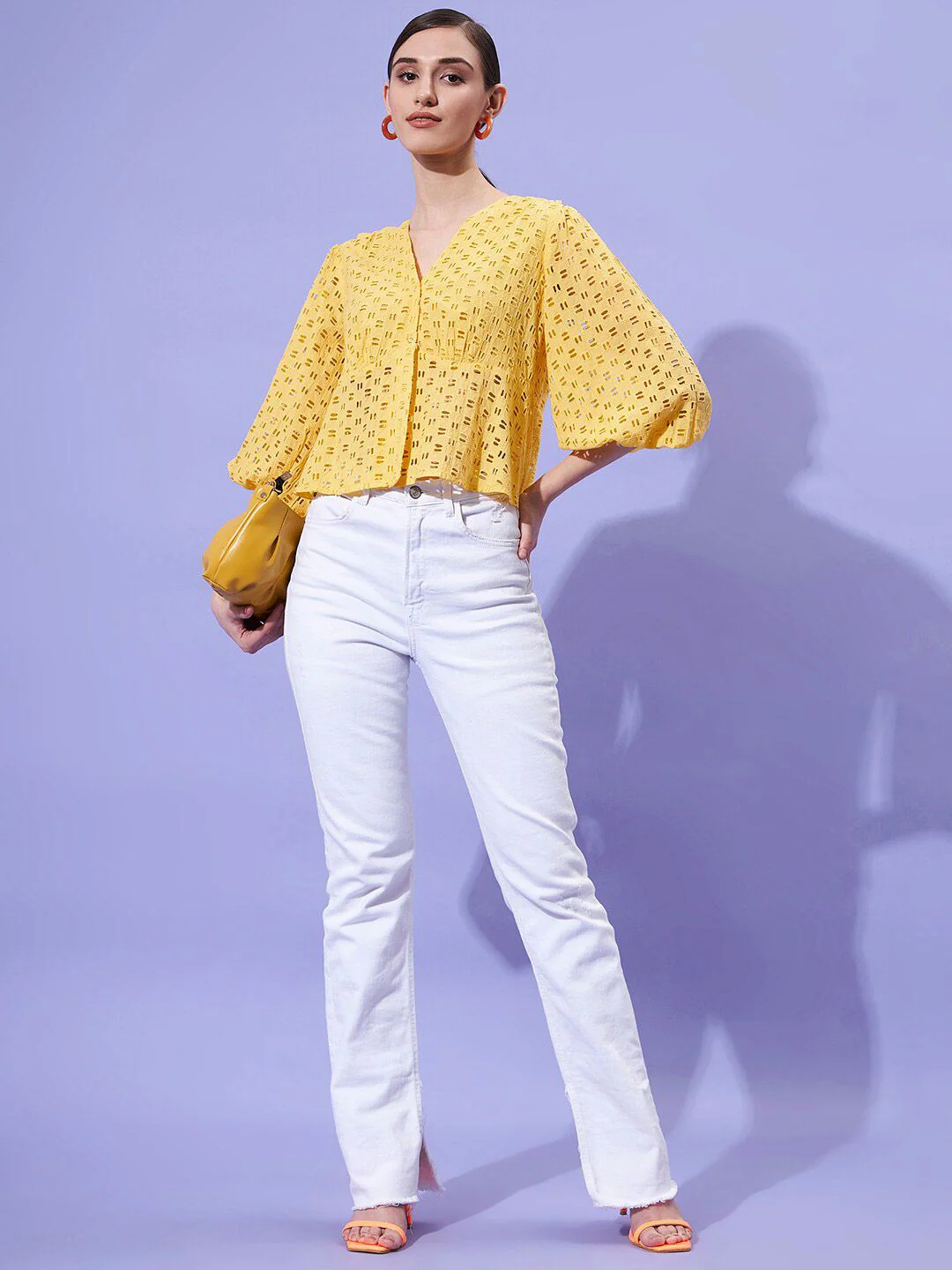 Athena Schiffli Self Design V-Neck Puff Sleeves Empire Top - Image 6