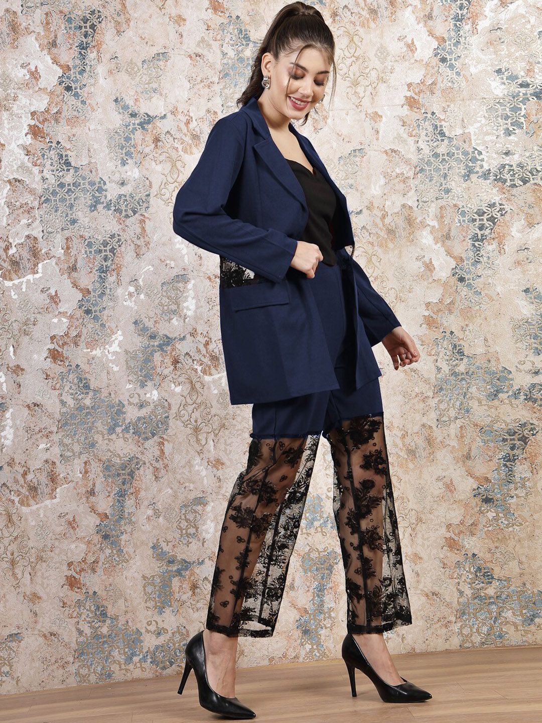 Athena Self Design Notched Lapel Collar Blazer With Trousers - Image 5