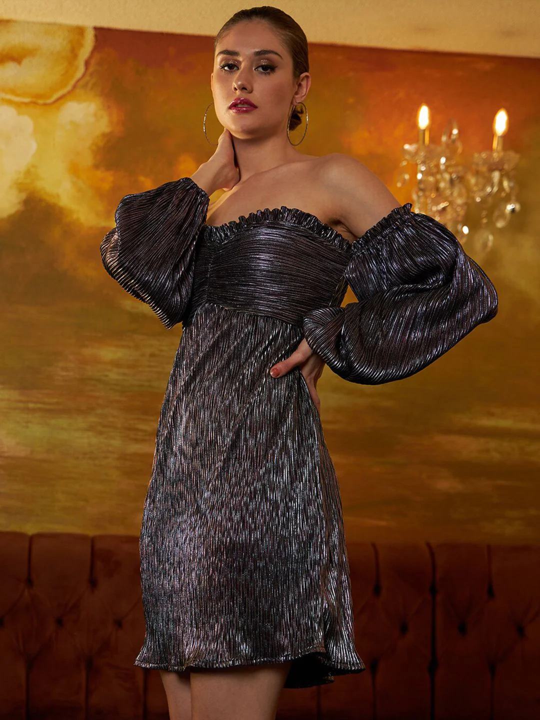 Athena Self Design Off Shoulder Gathered A-Line Dress - Image 3