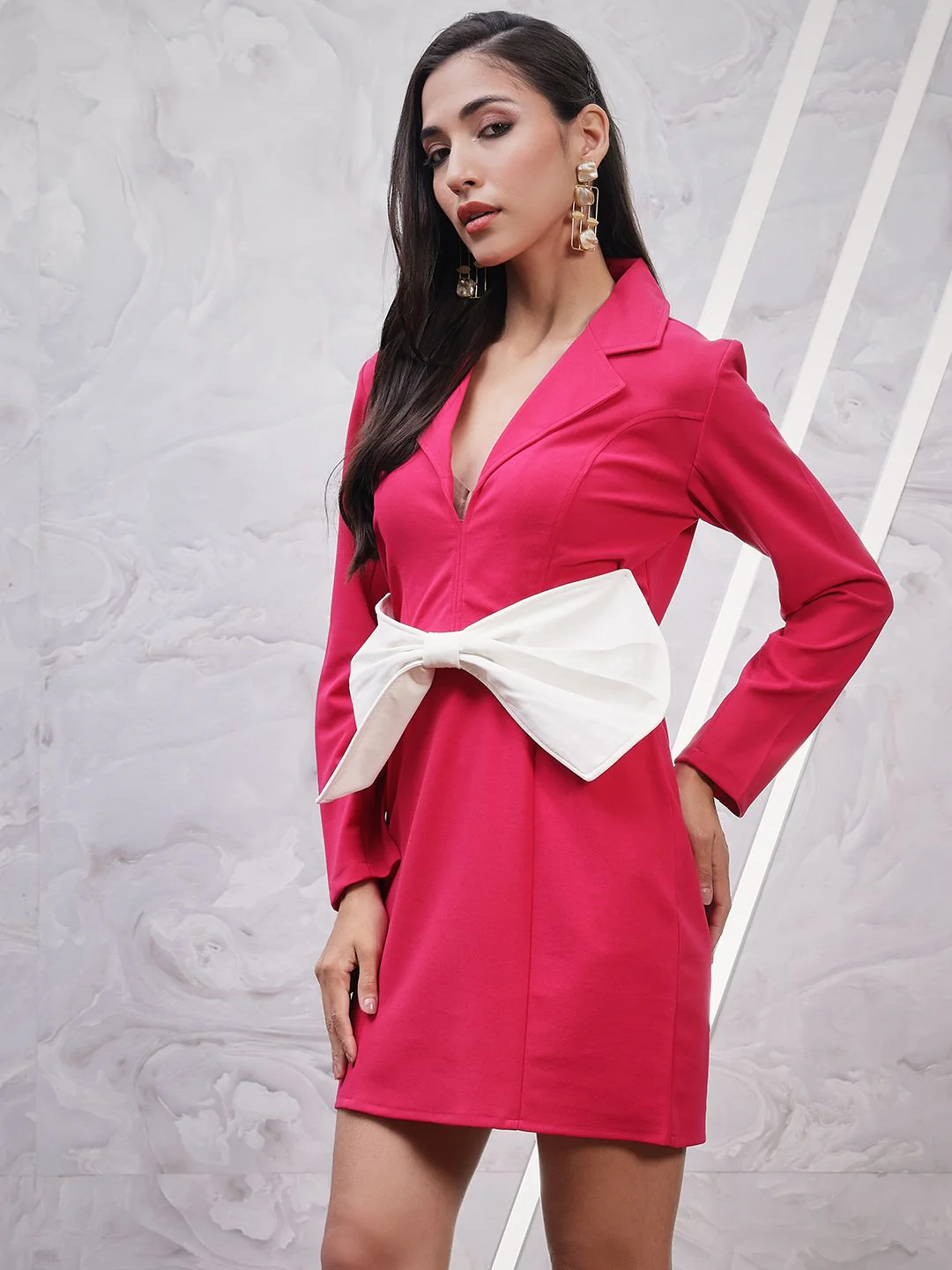 Athena Shirt Collar Opaque Fuchsia Bow Detailed dress - Image 3