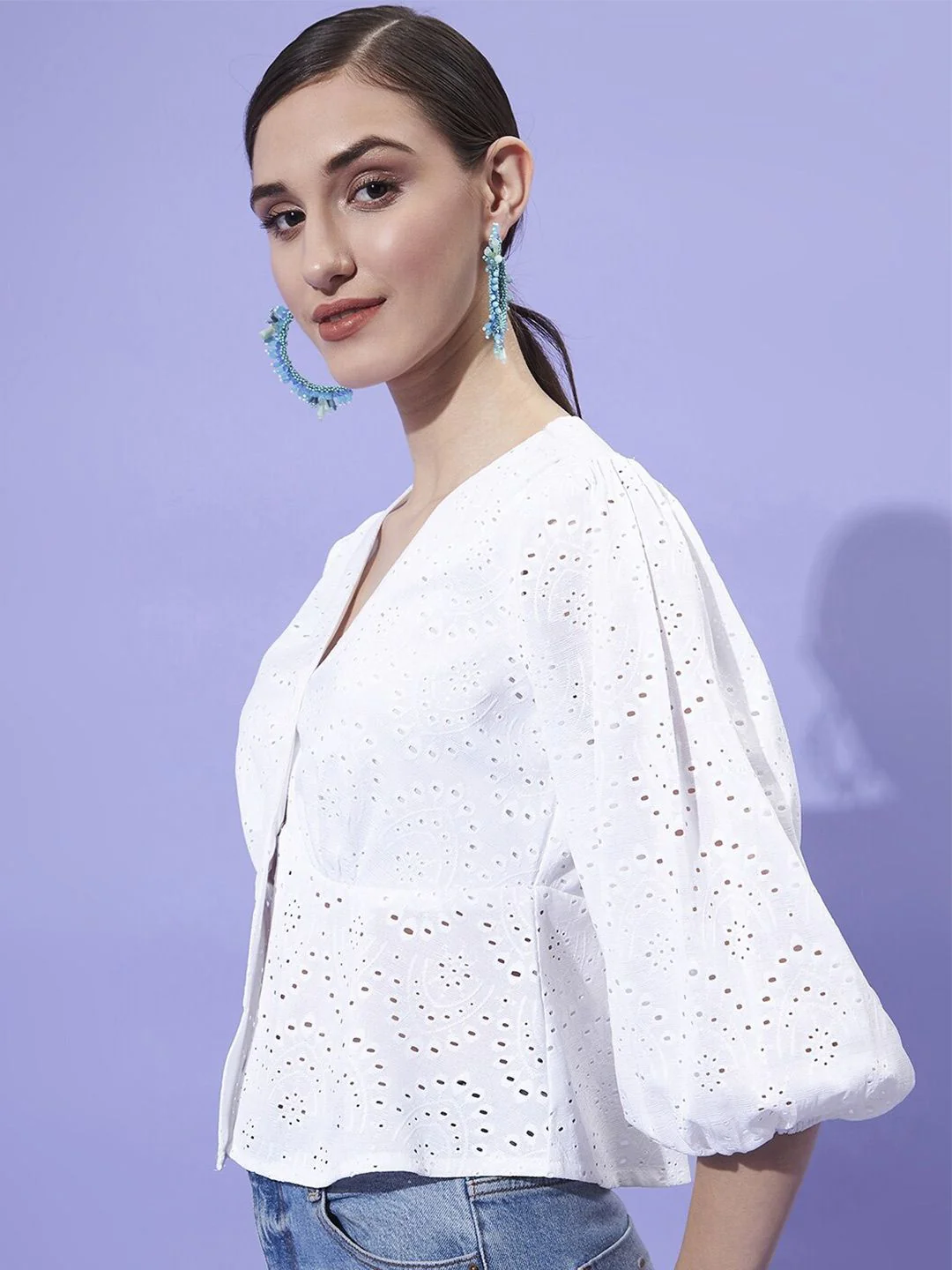 Athena V-Neck Puff Sleeves Schiffli Empire Top - Image 5